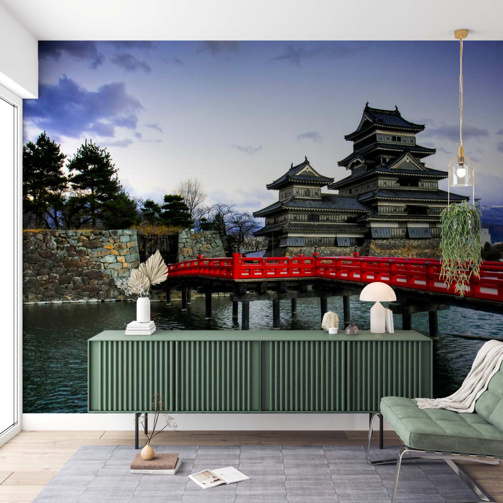 Fototapet în japonia, un pod roșu traversează un râu