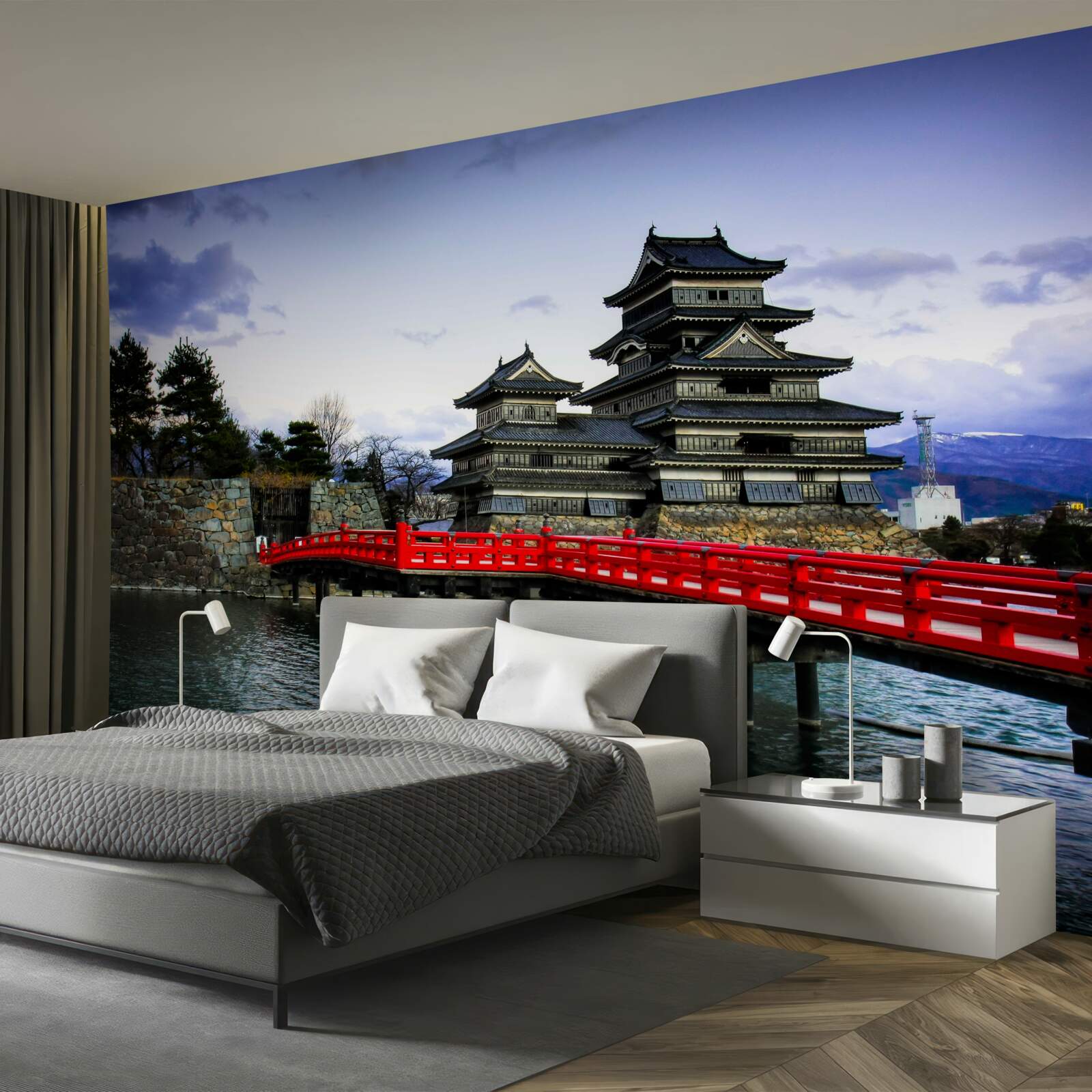 Fototapet în japonia, un pod roșu traversează un râu