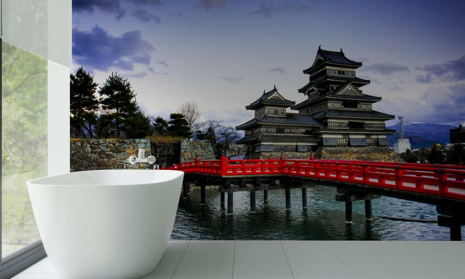 Fototapet în japonia, un pod roșu traversează un râu