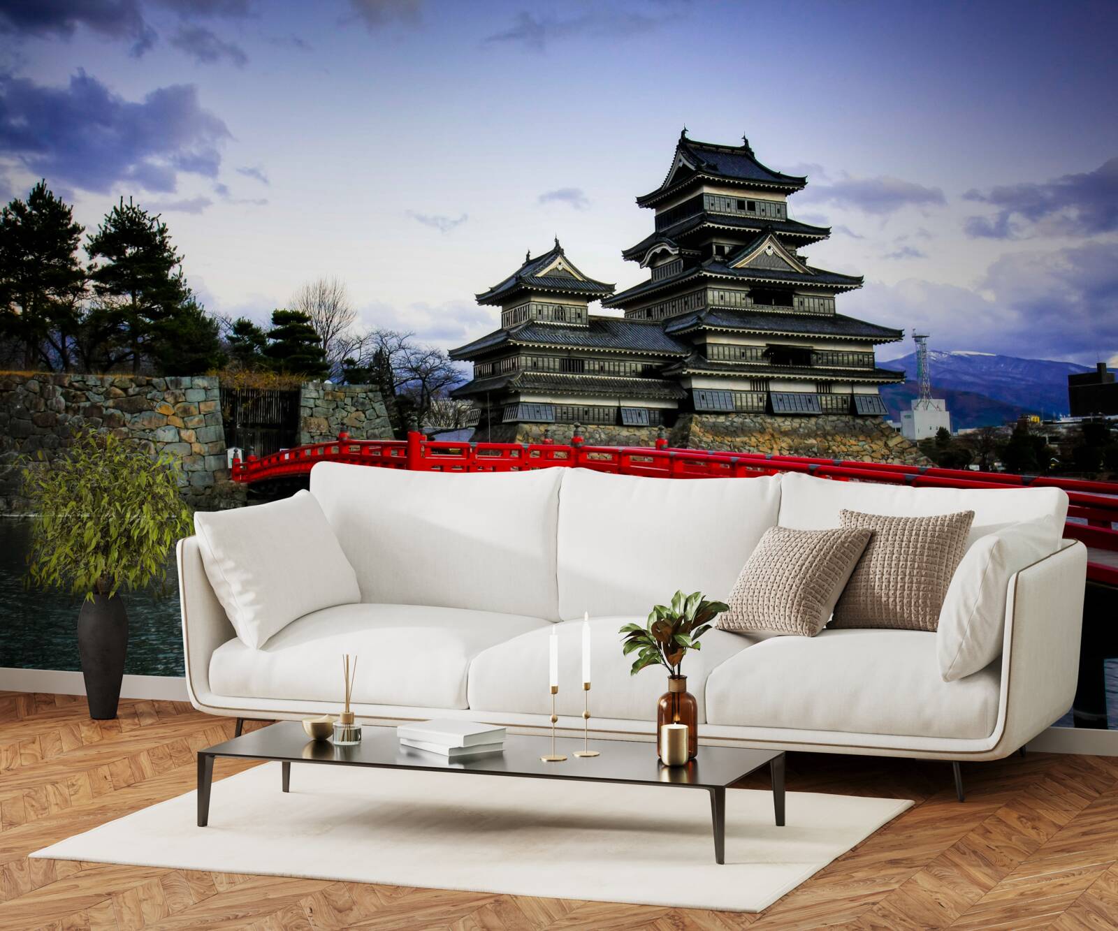 Fototapet în japonia, un pod roșu traversează un râu