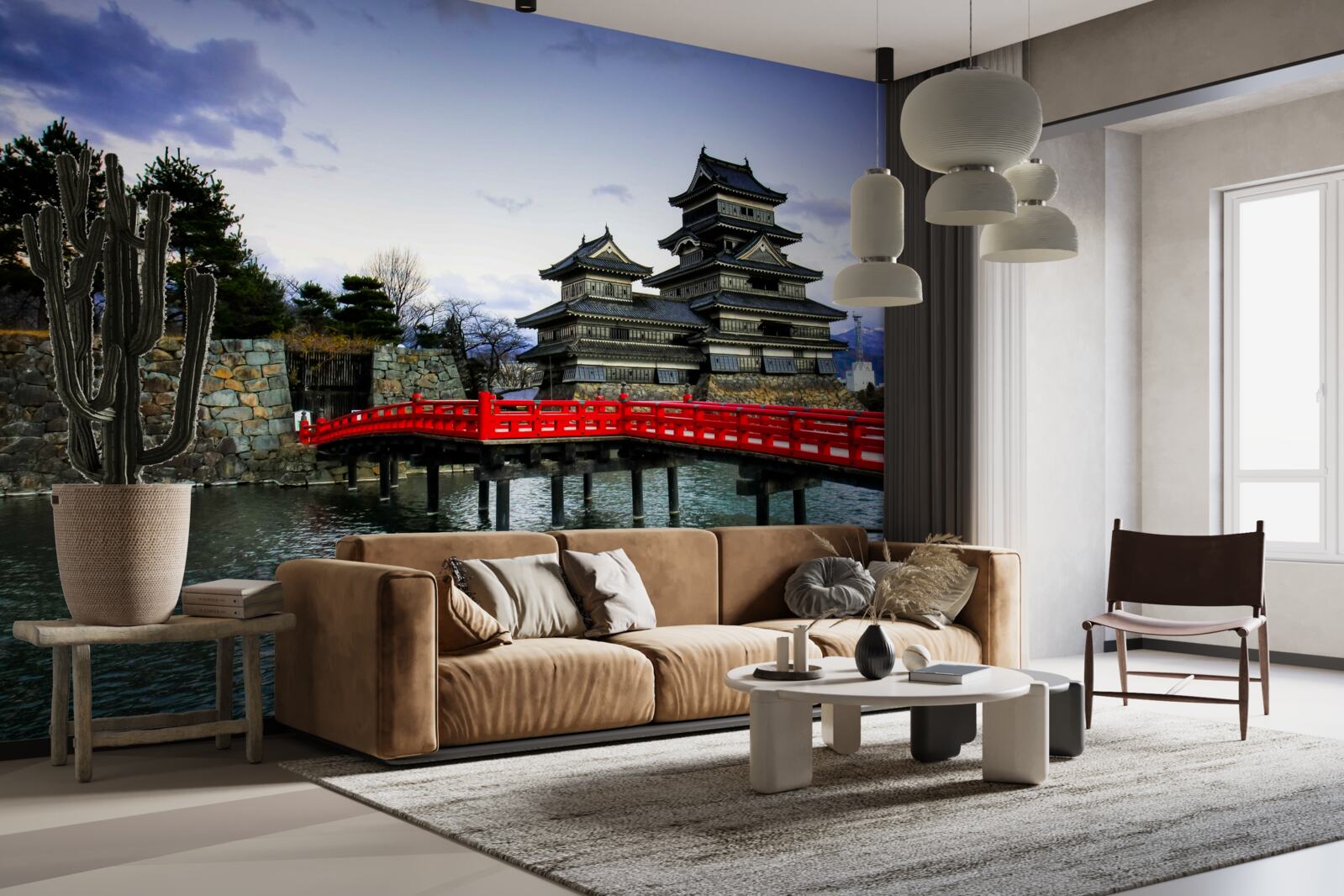 Fototapet în japonia, un pod roșu traversează un râu