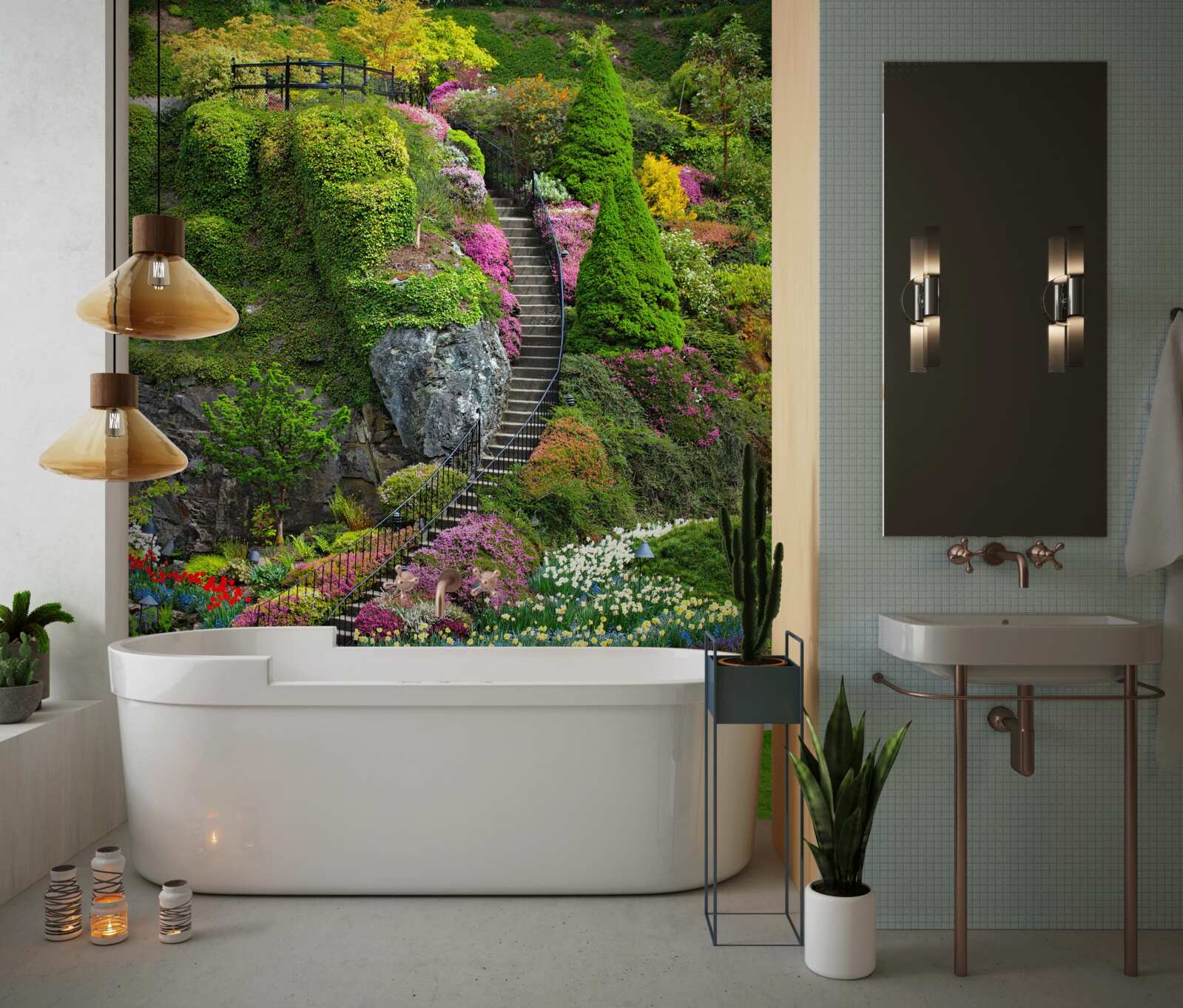 Fototapet scara complet scufundată în verdeață și flori