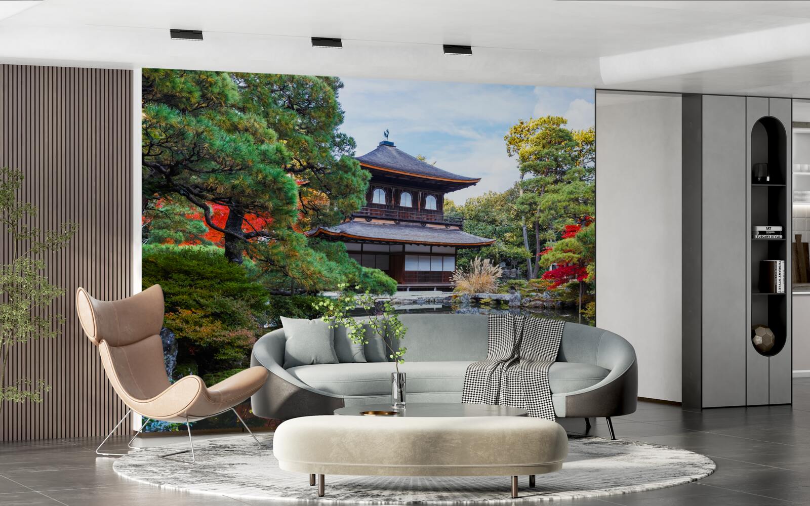 Fototapet Casă japoneză cu grădină pe malul lacului, plină de confort