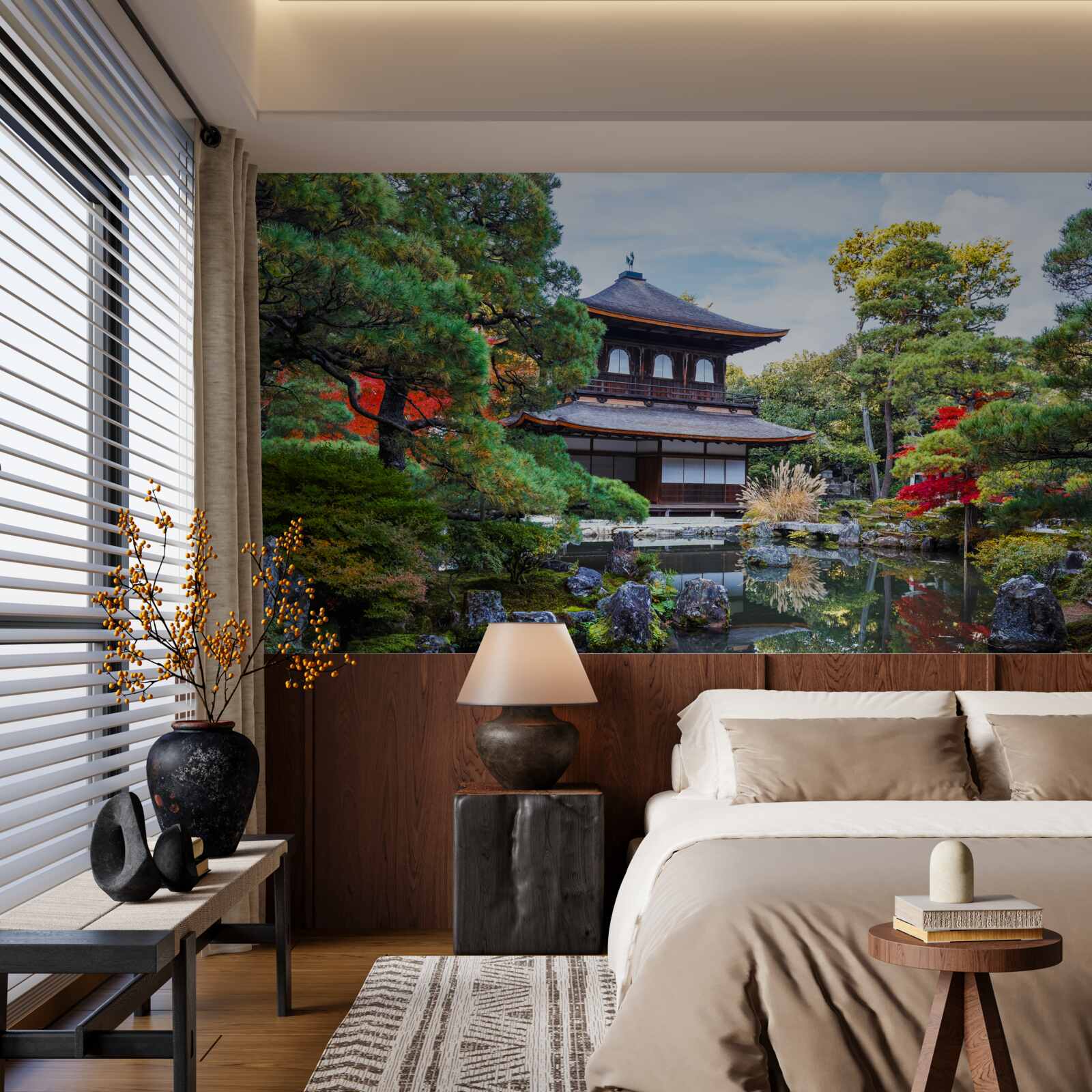 Fototapet Casă japoneză cu grădină pe malul lacului, plină de confort