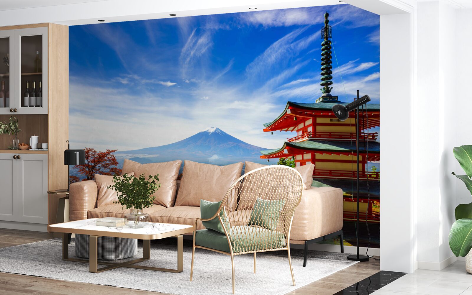 Fototapet casă de țară cu muntele Fuji în fundal