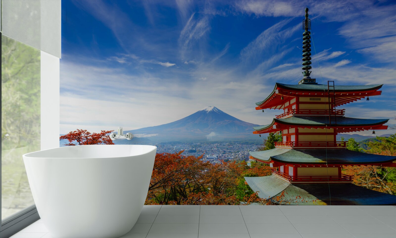 Fototapet casă de țară cu muntele Fuji în fundal