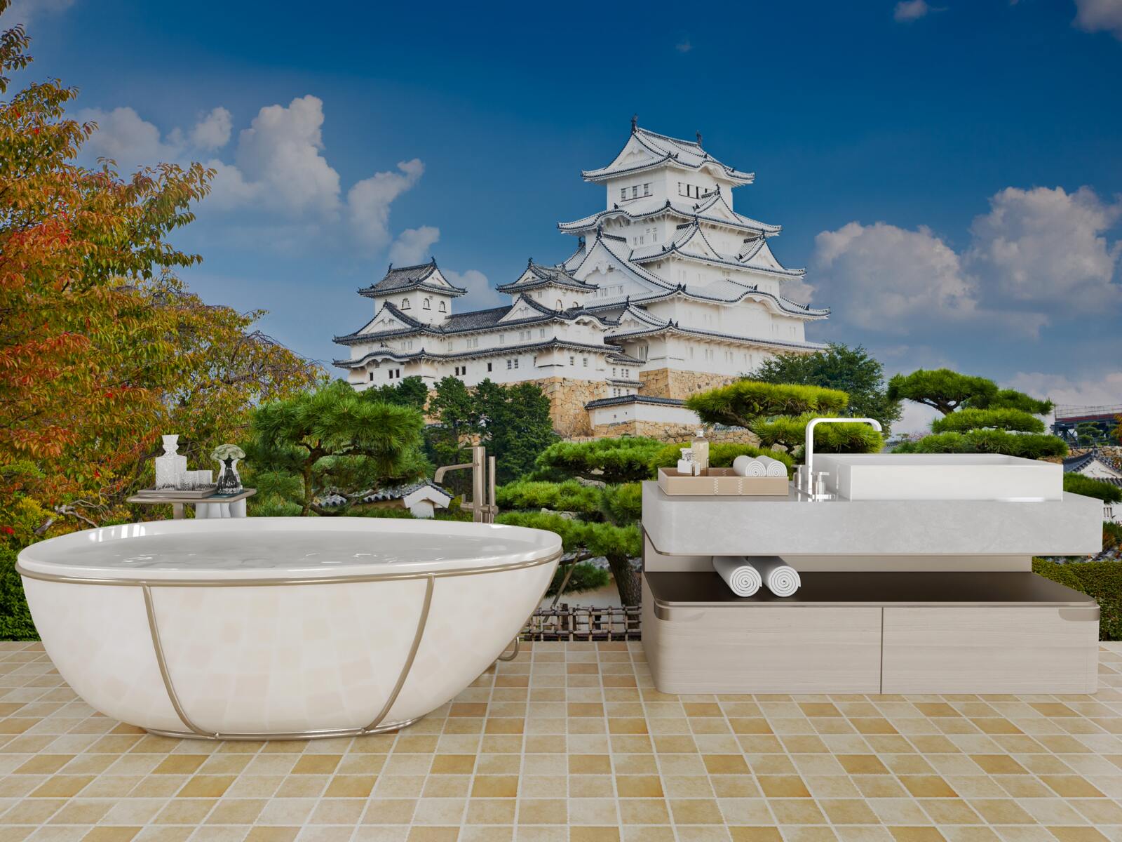 Fototapet Templu japonez în munți, înconjurat de verdeață