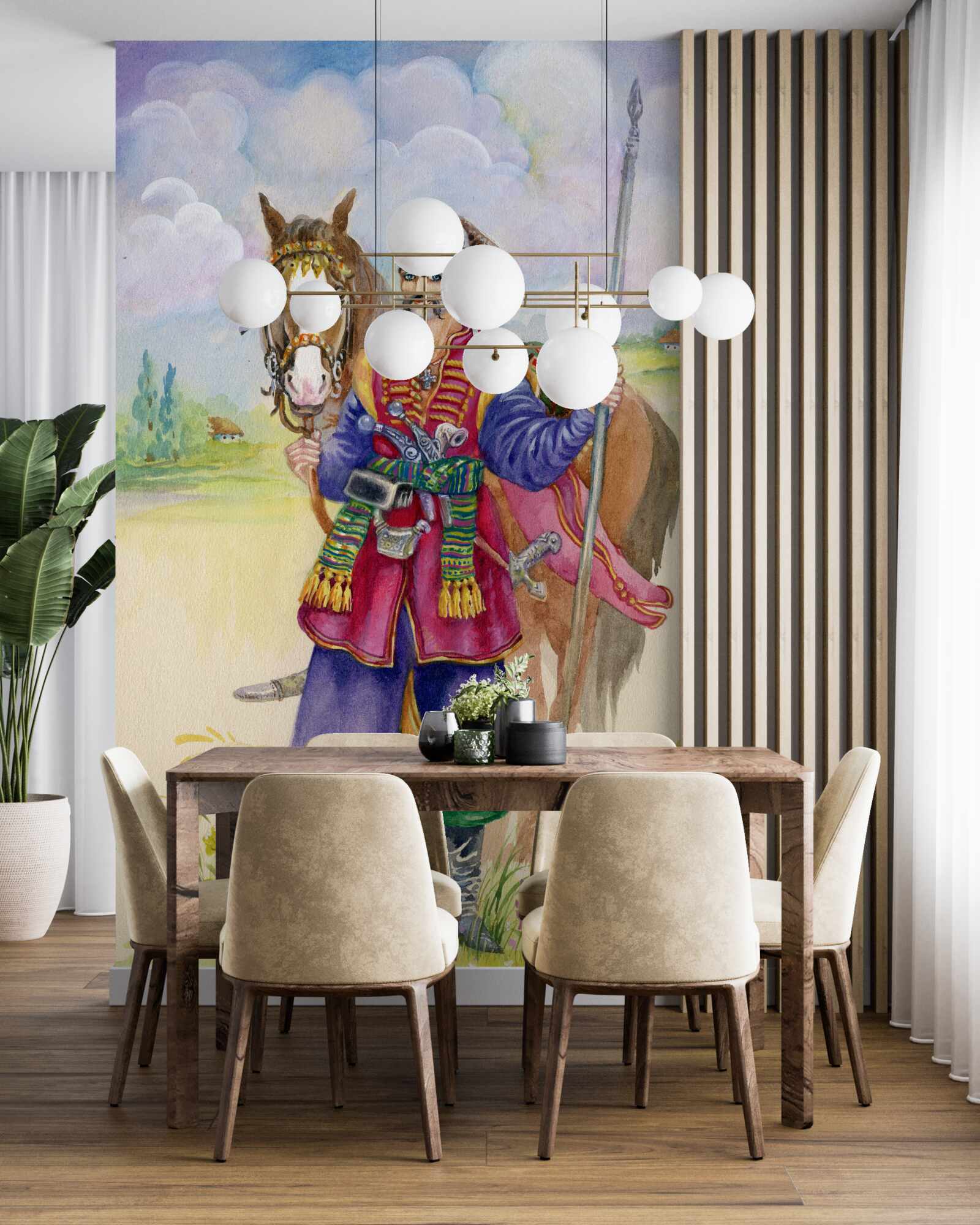 Fototapet tânăr cazac din stepă cu calul său