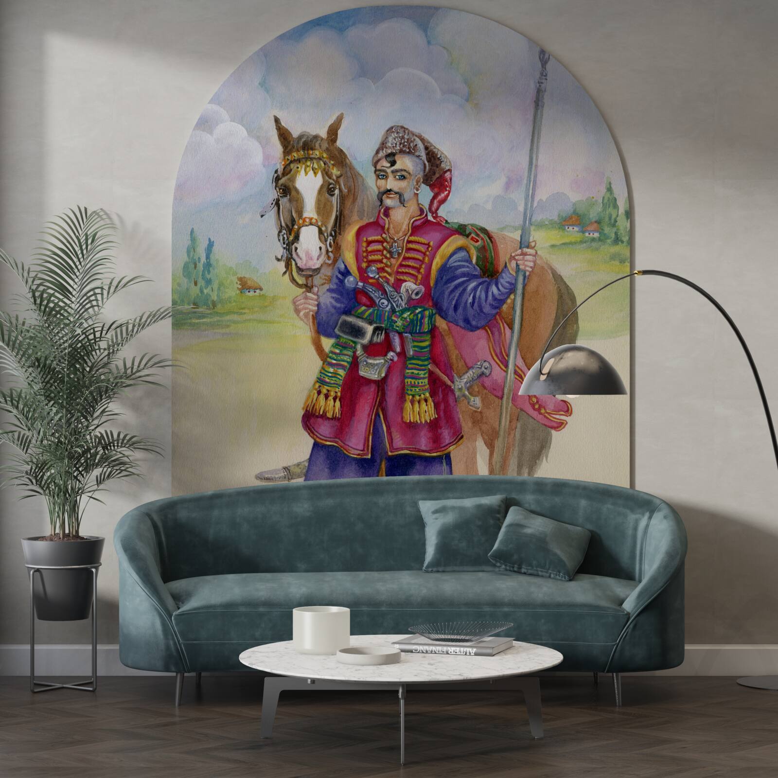 Fototapet tânăr cazac din stepă cu calul său