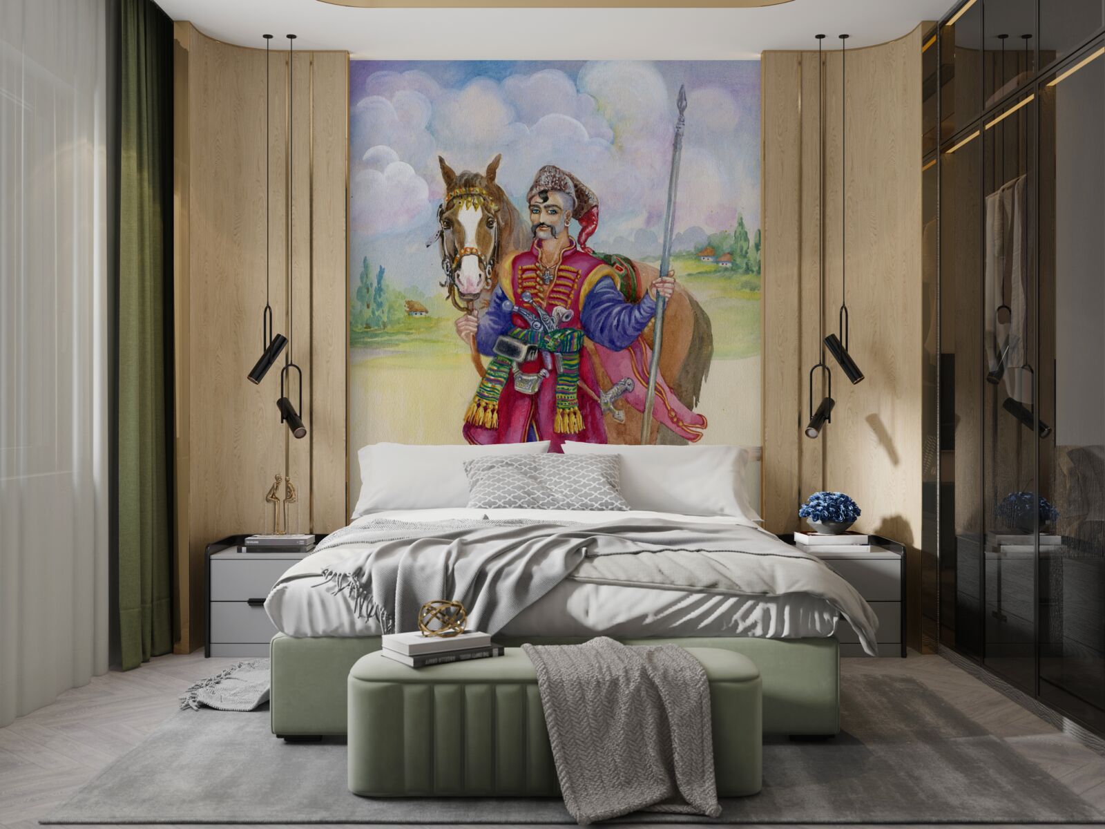 Fototapet tânăr cazac din stepă cu calul său