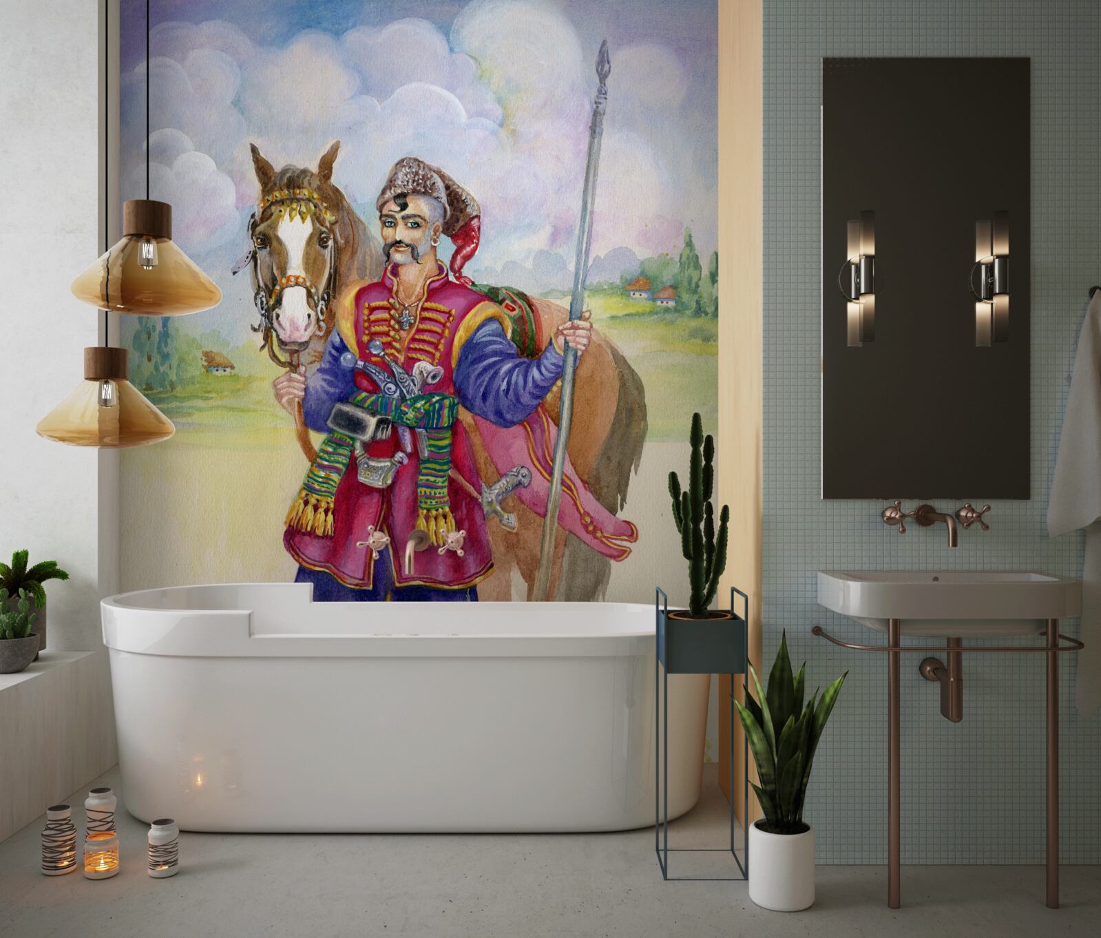 Fototapet tânăr cazac din stepă cu calul său