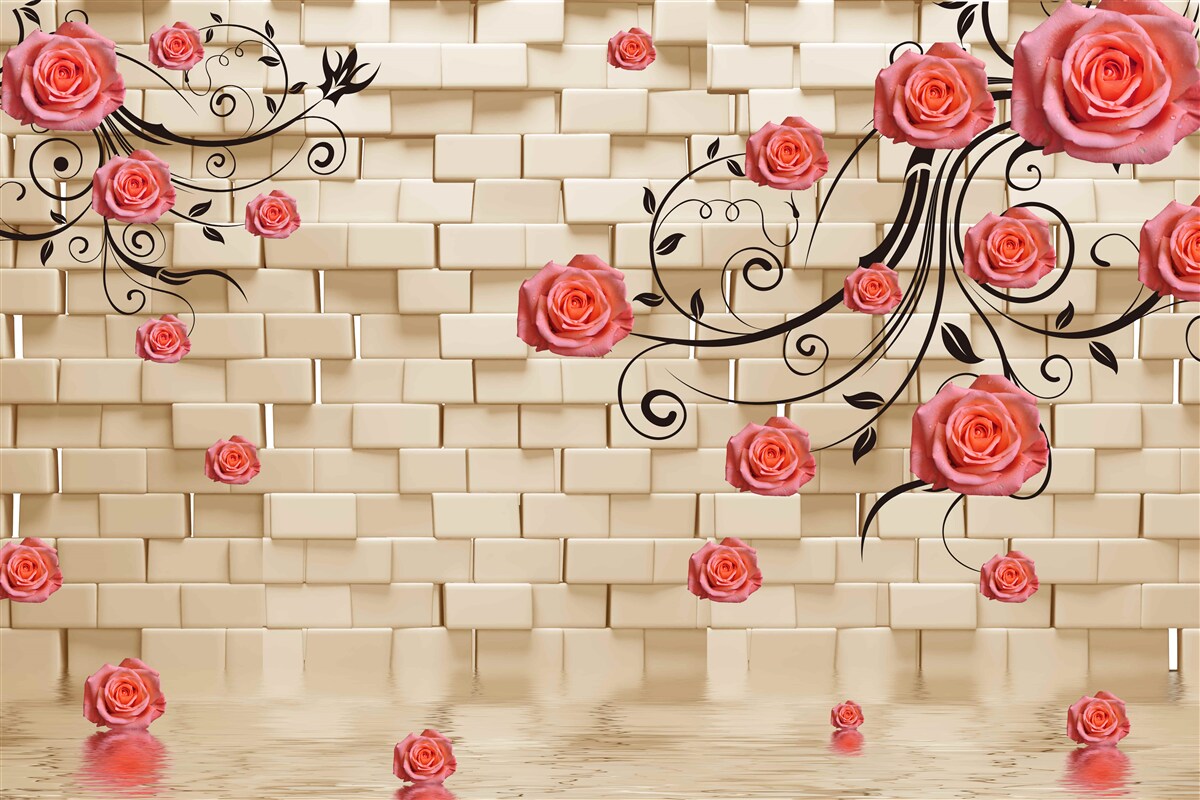 Fototapet pe fundalul unui zid de cărămidă, un trandafir roșu poate fi văzut pe ramuri
