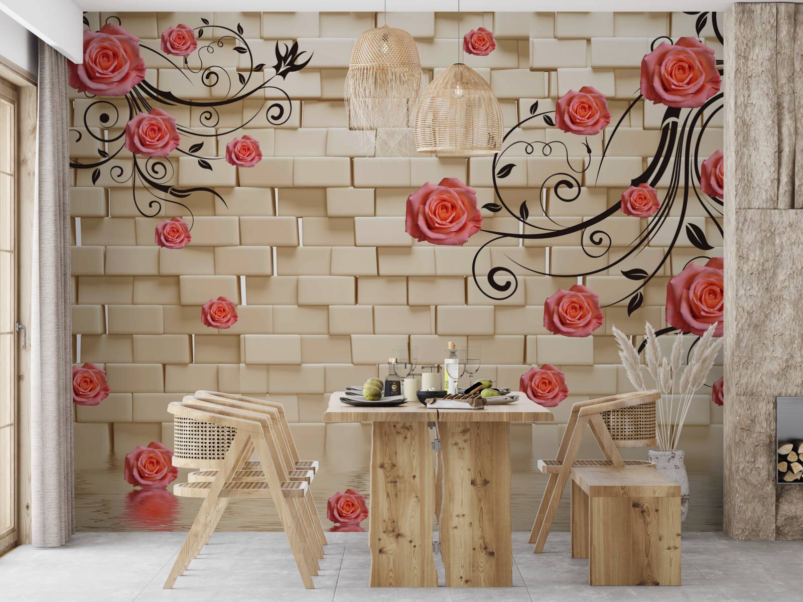 Fototapet pe fundalul unui zid de cărămidă, un trandafir roșu poate fi văzut pe ramuri