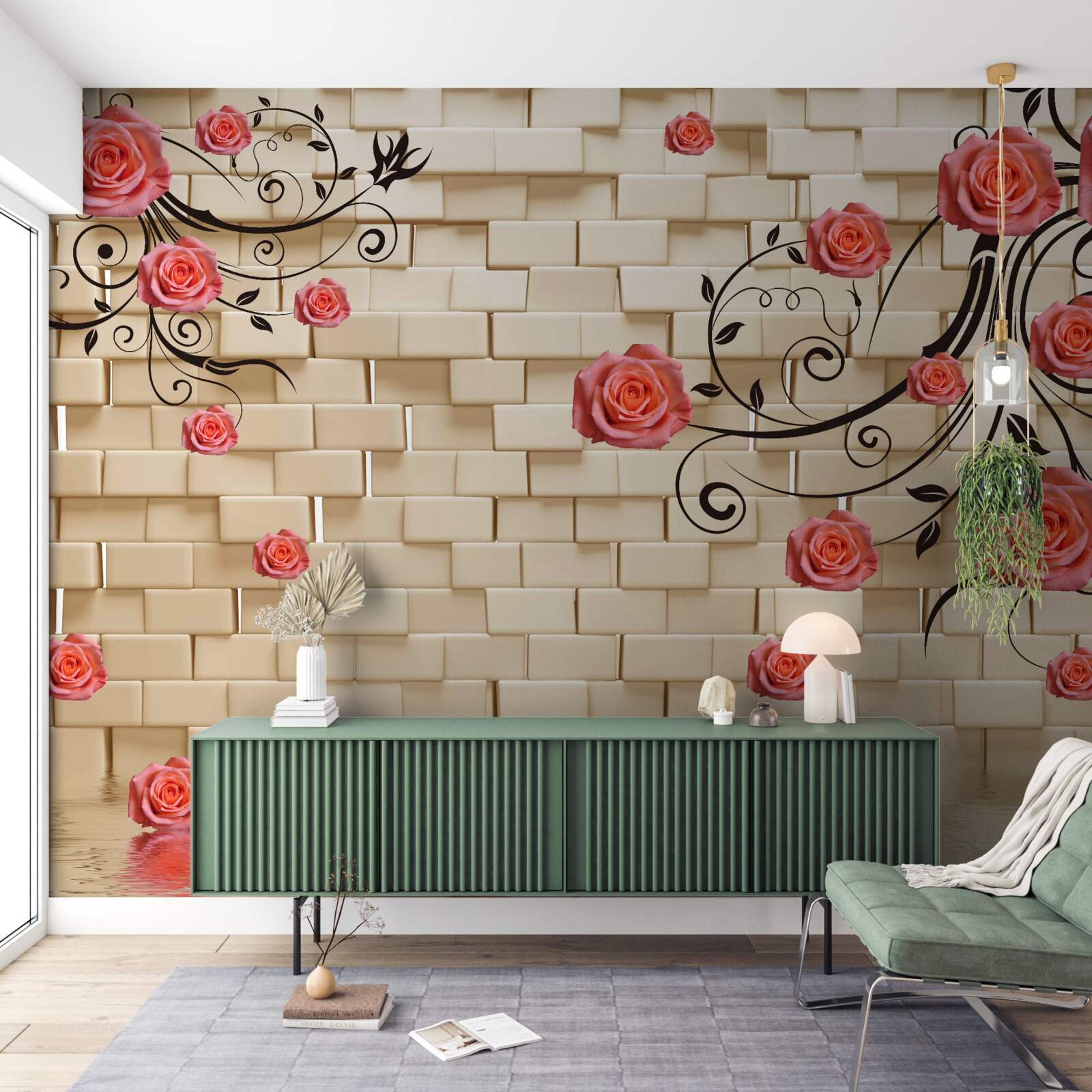 Fototapet pe fundalul unui zid de cărămidă, un trandafir roșu poate fi văzut pe ramuri