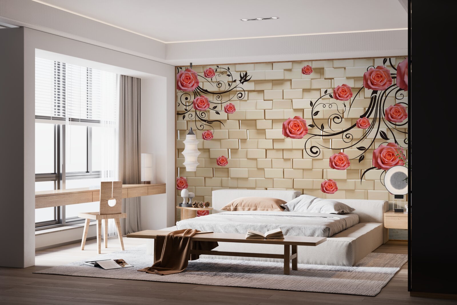 Fototapet pe fundalul unui zid de cărămidă, un trandafir roșu poate fi văzut pe ramuri