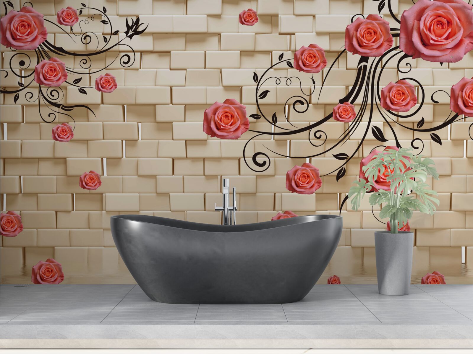 Fototapet pe fundalul unui zid de cărămidă, un trandafir roșu poate fi văzut pe ramuri