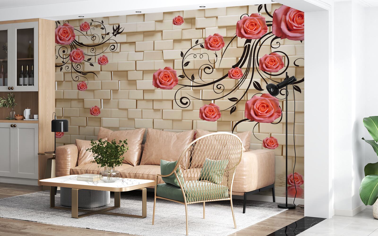 Fototapet pe fundalul unui zid de cărămidă, un trandafir roșu poate fi văzut pe ramuri