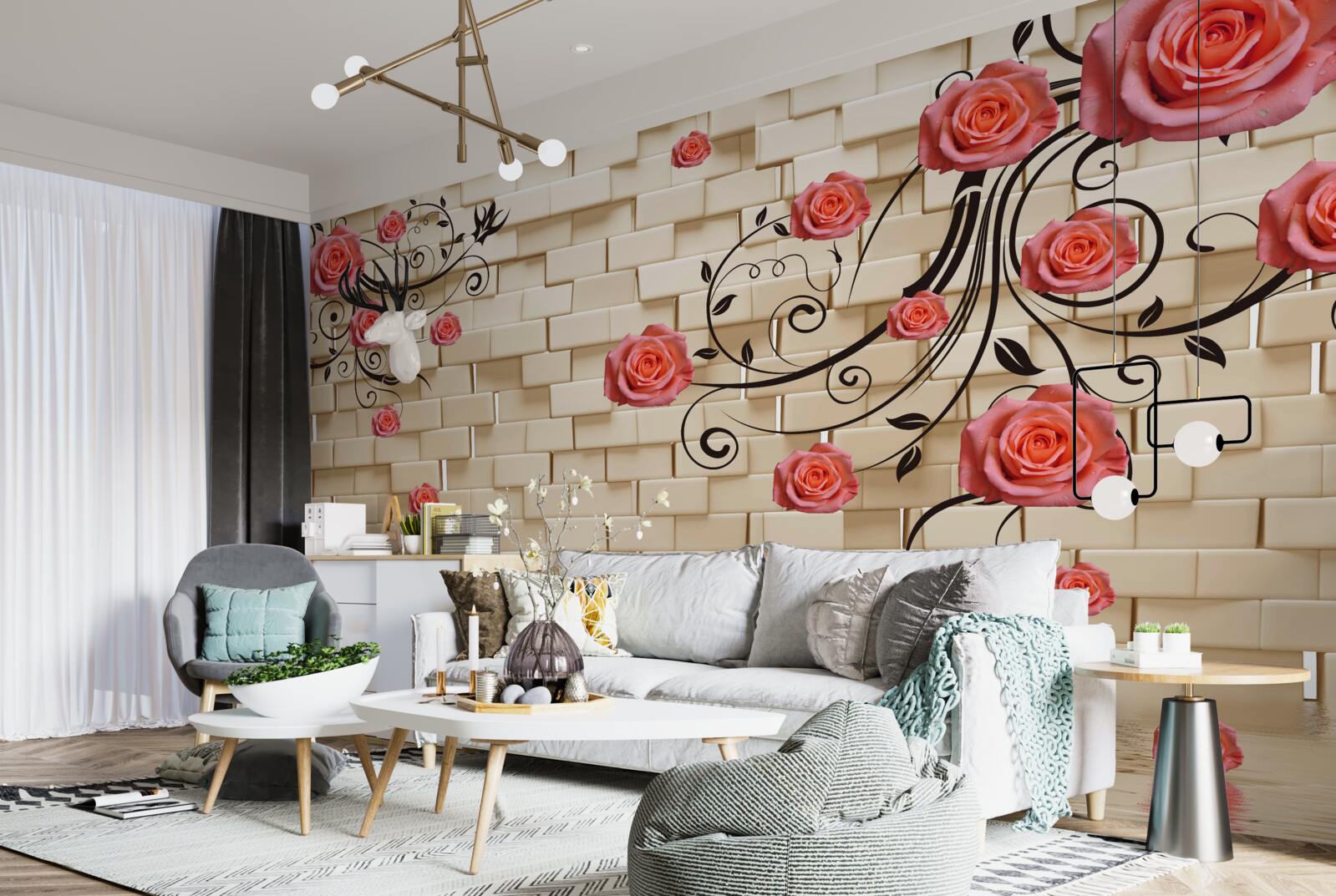 Fototapet pe fundalul unui zid de cărămidă, un trandafir roșu poate fi văzut pe ramuri