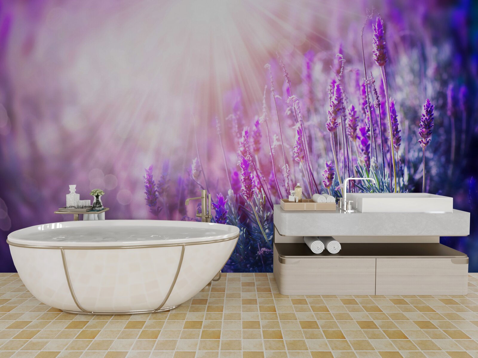 Fototapet razele soarelui luminează tufele de levănțică