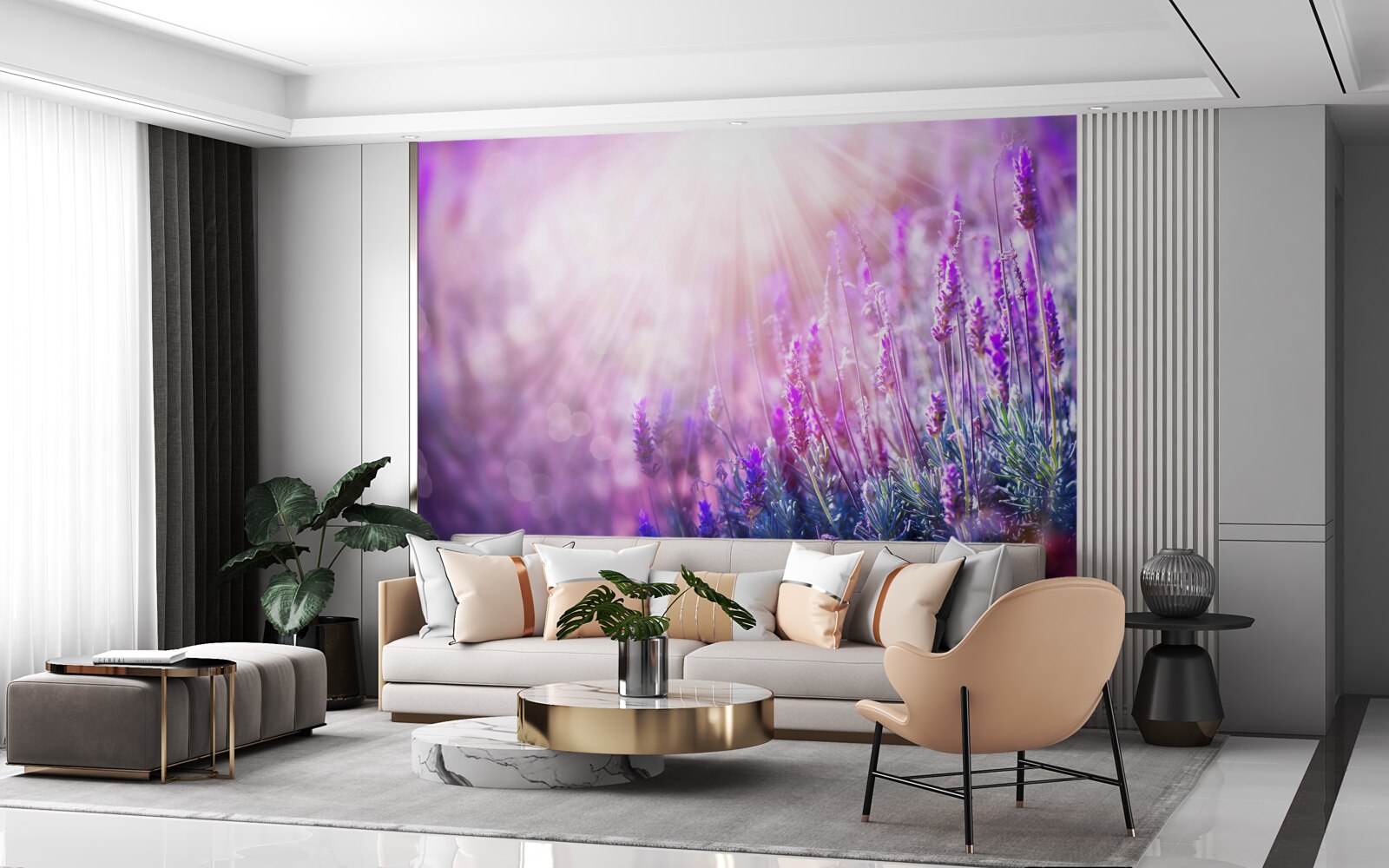 Fototapet razele soarelui luminează tufele de levănțică