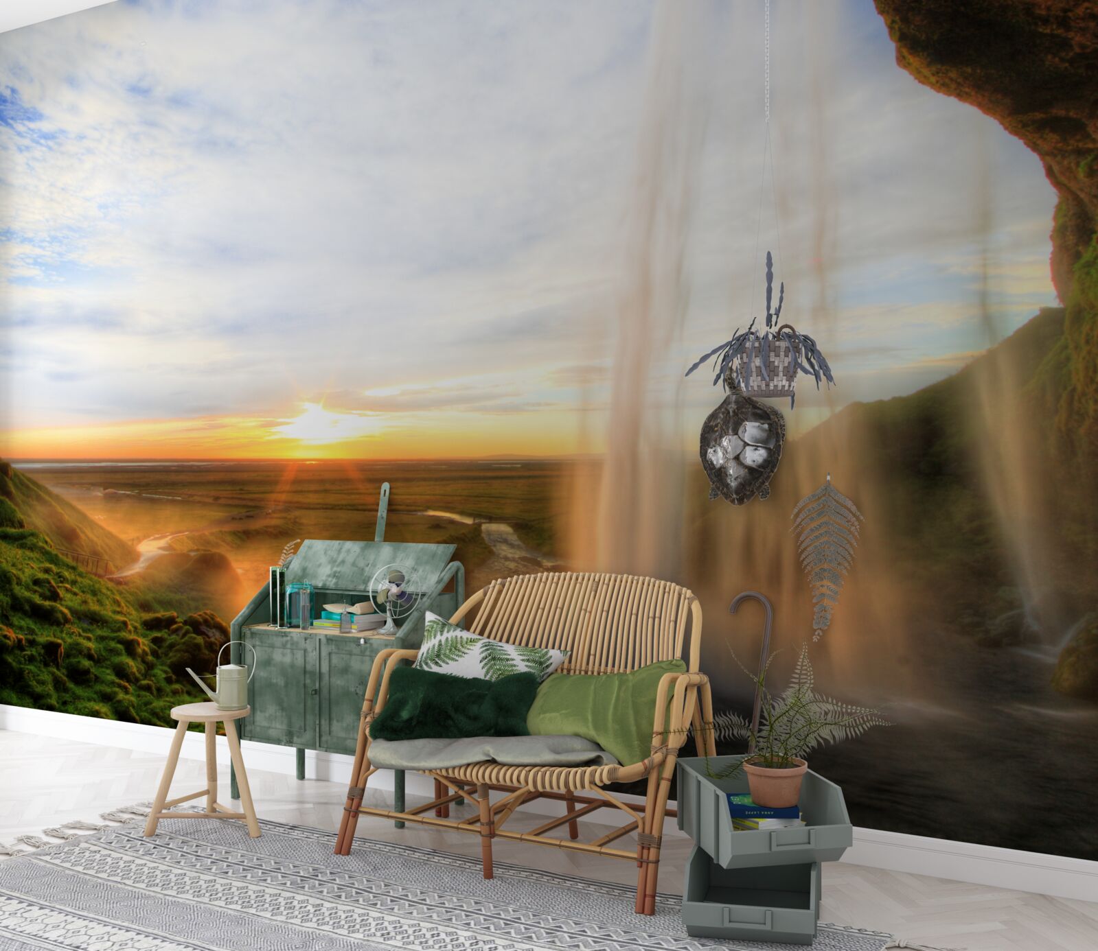 Fototapet apus de soare care luminează cascadele maiestuoase