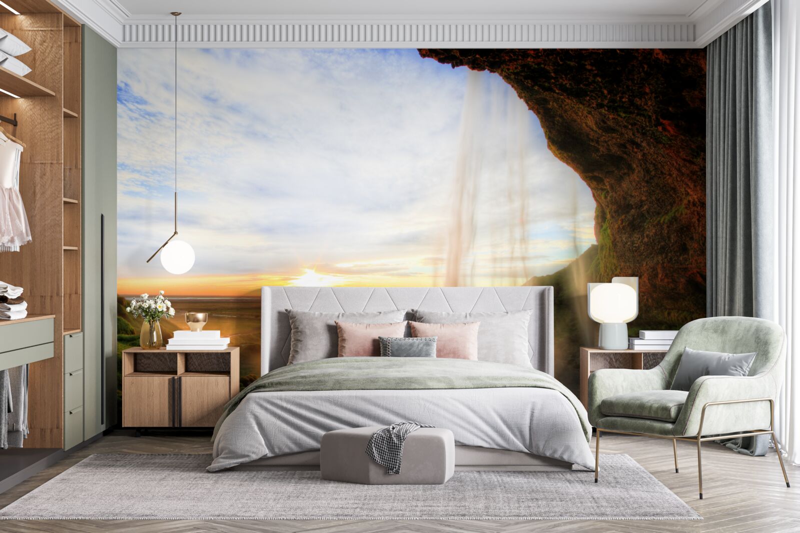 Fototapet apus de soare care luminează cascadele maiestuoase