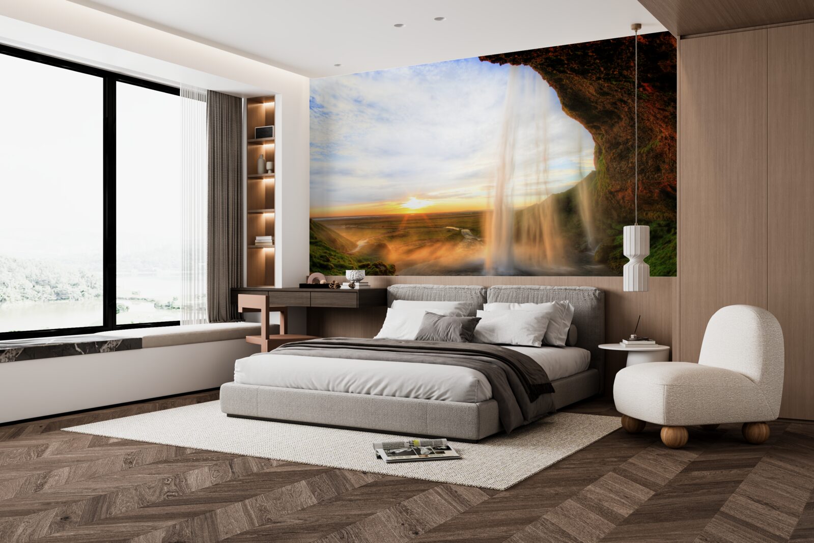 Fototapet apus de soare care luminează cascadele maiestuoase