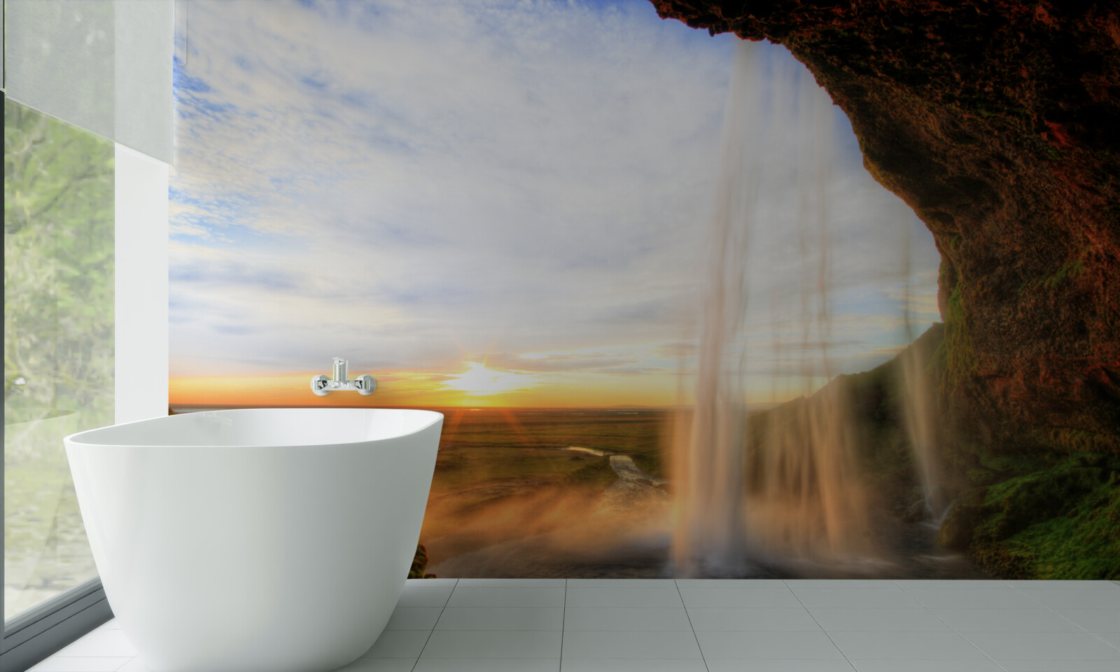 Fototapet apus de soare care luminează cascadele maiestuoase