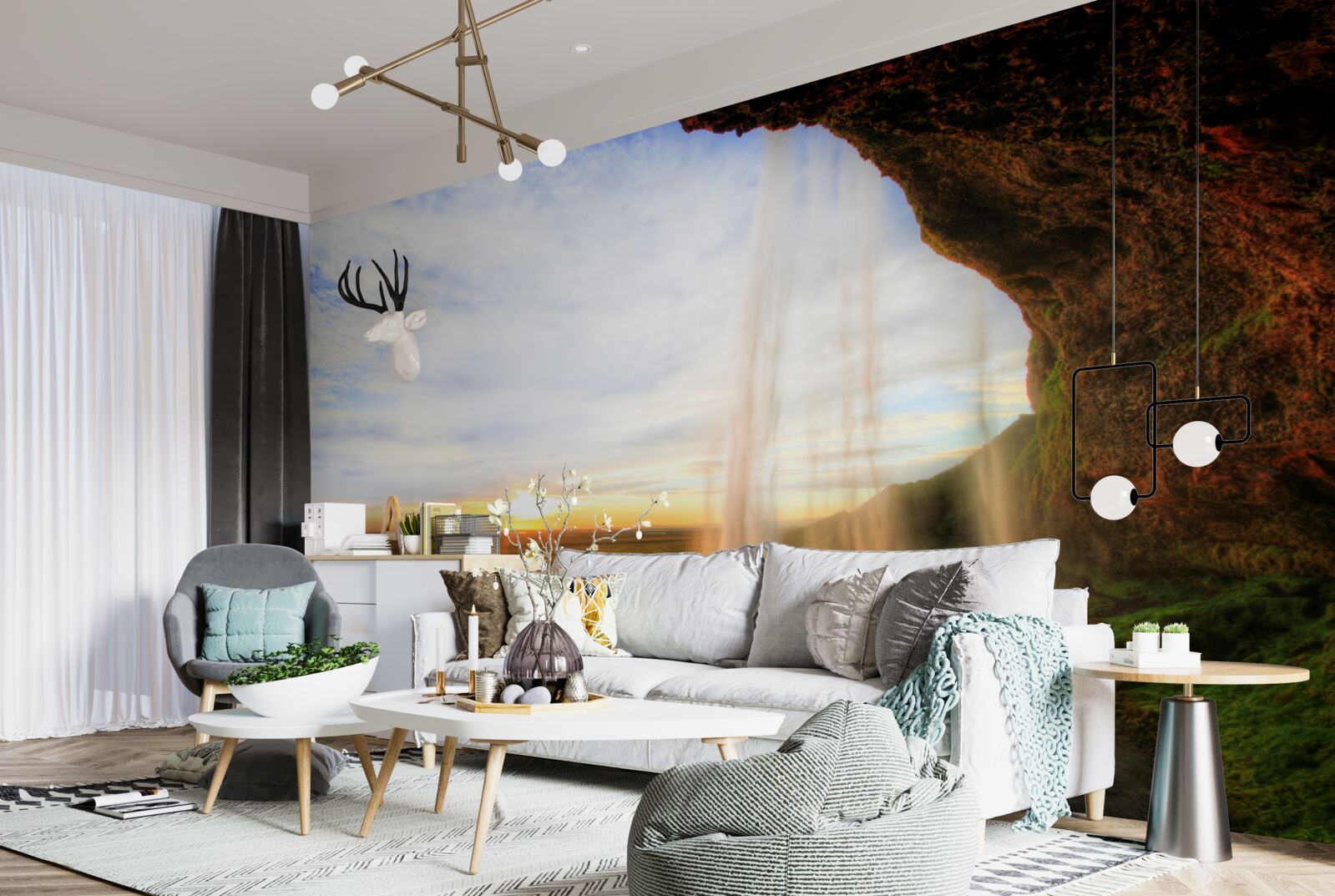 Fototapet apus de soare care luminează cascadele maiestuoase