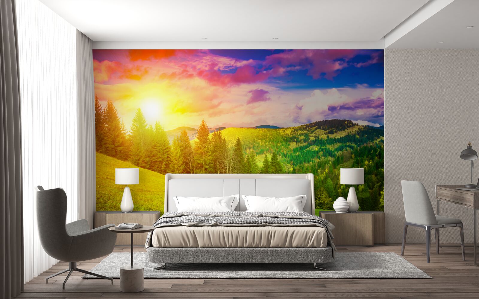 Fototapet apusul torid a pictat dealul verde cu culori strălucitoare
