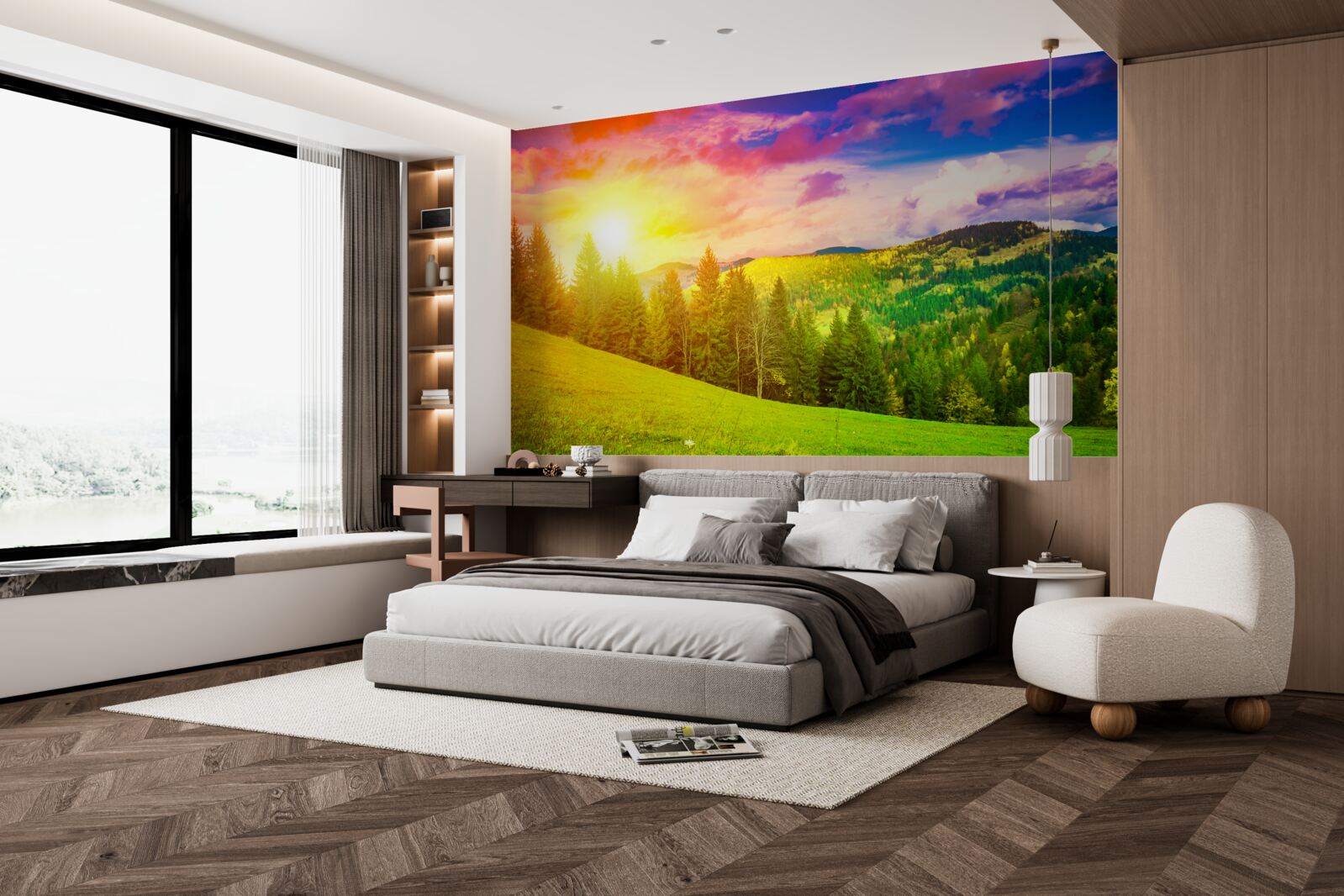 Fototapet apusul torid a pictat dealul verde cu culori strălucitoare