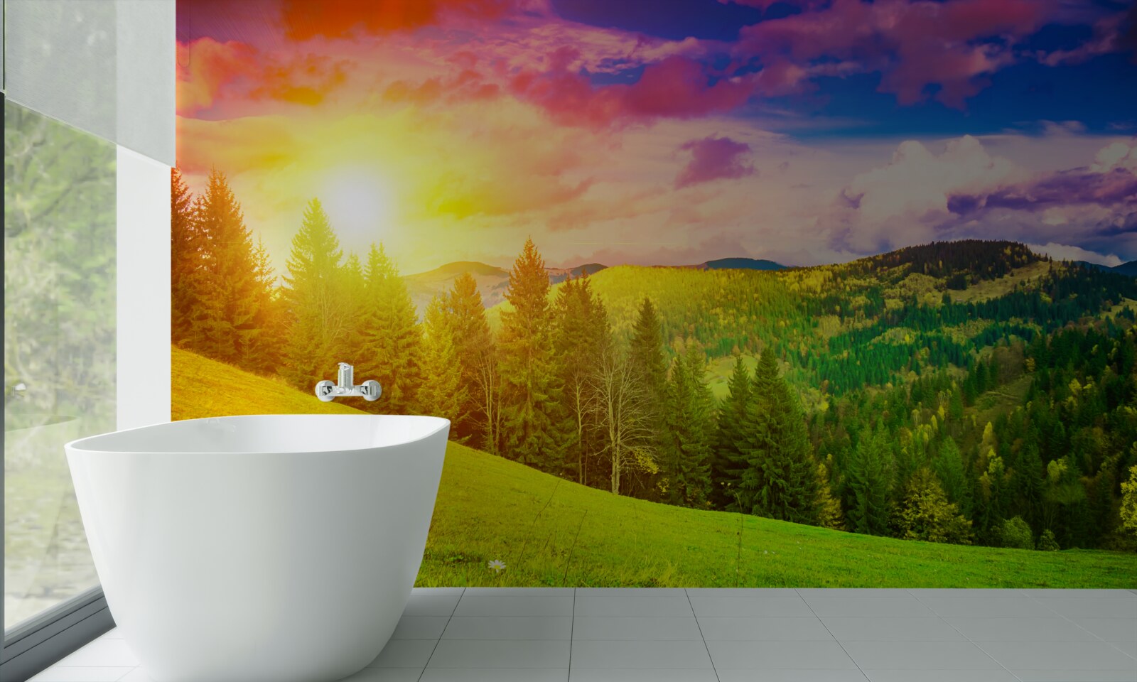 Fototapet apusul torid a pictat dealul verde cu culori strălucitoare