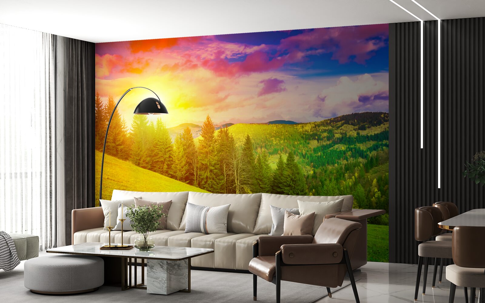 Fototapet apusul torid a pictat dealul verde cu culori strălucitoare