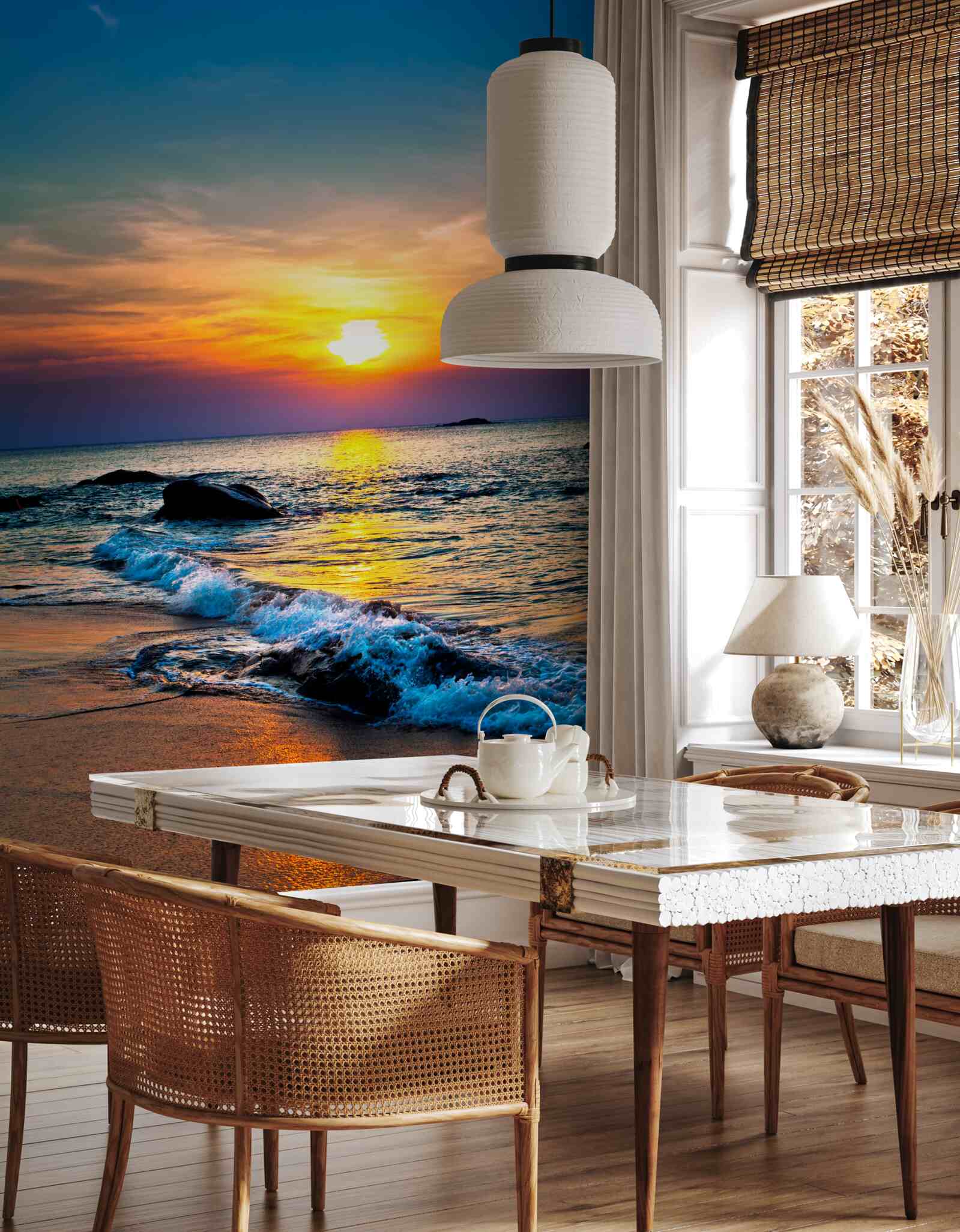 Fototapet soarele dispare în spatele orizontului peste mare și coastă