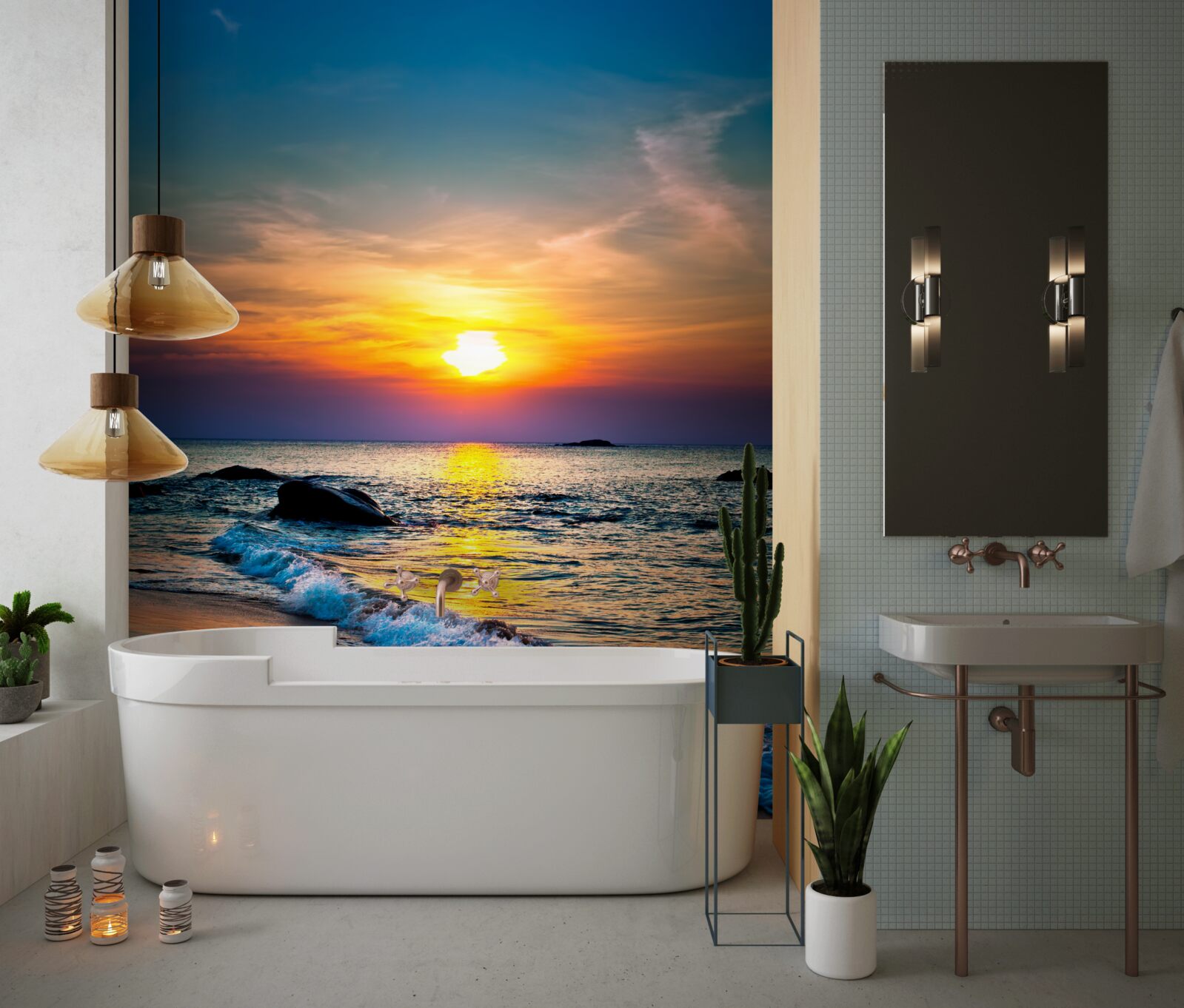 Fototapet soarele dispare în spatele orizontului peste mare și coastă