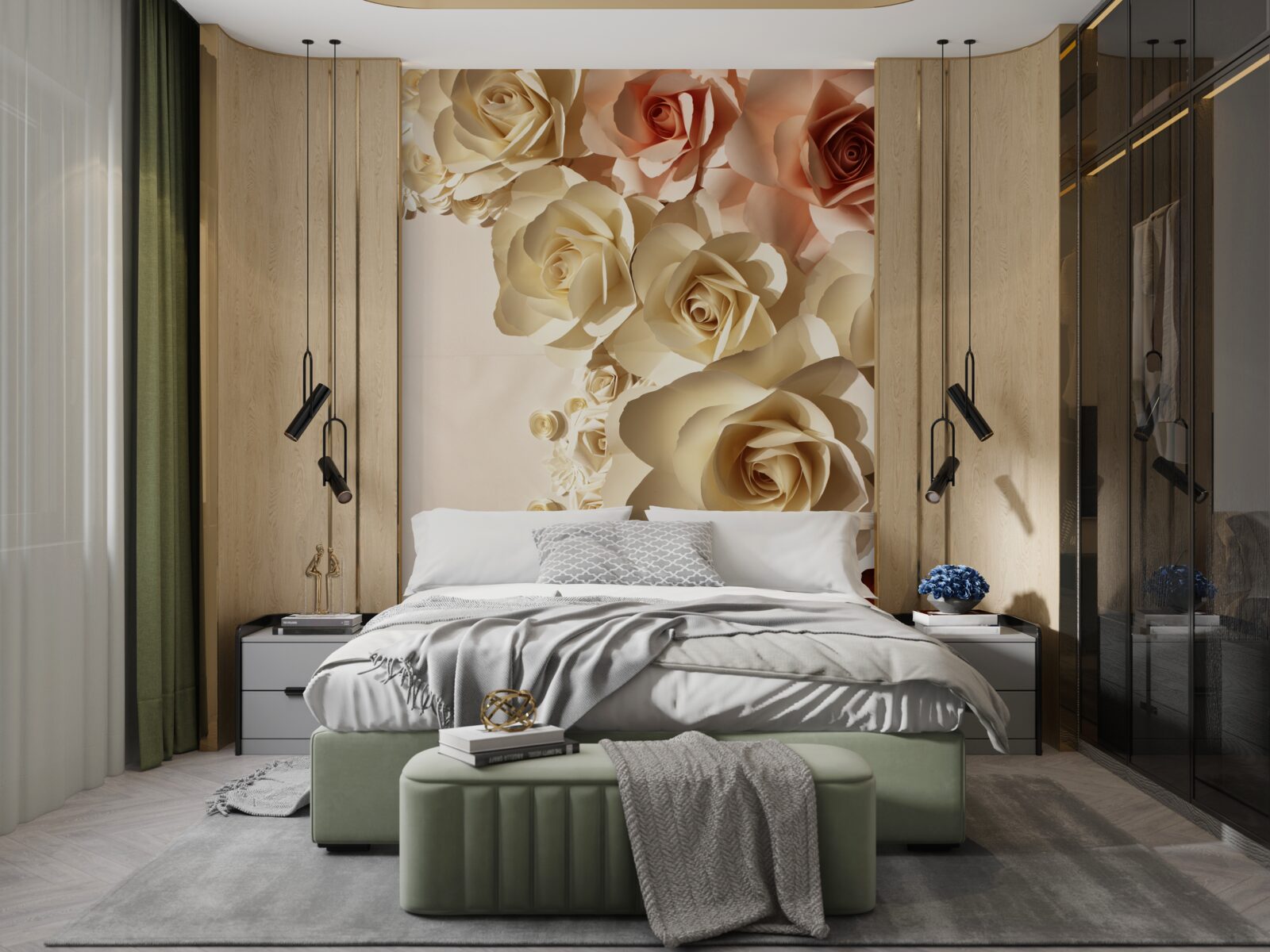 Fototapet flori de gips alb și roz