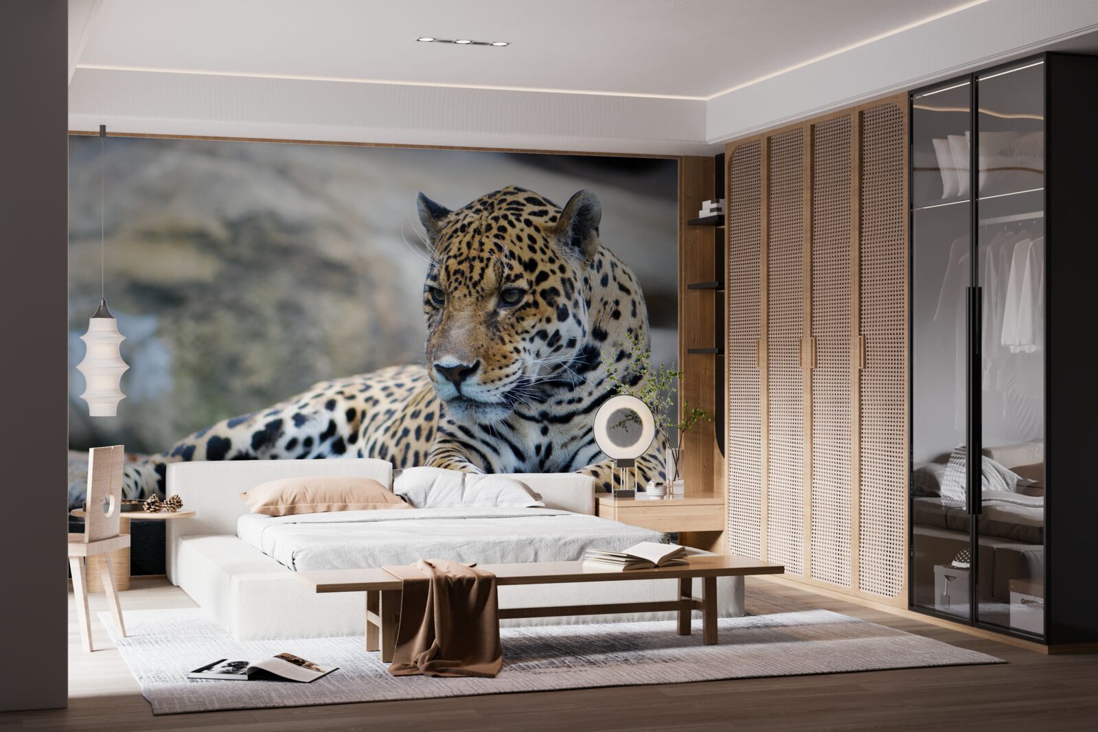 Fototapet leopardul se relaxează pe suprafețe de lemn