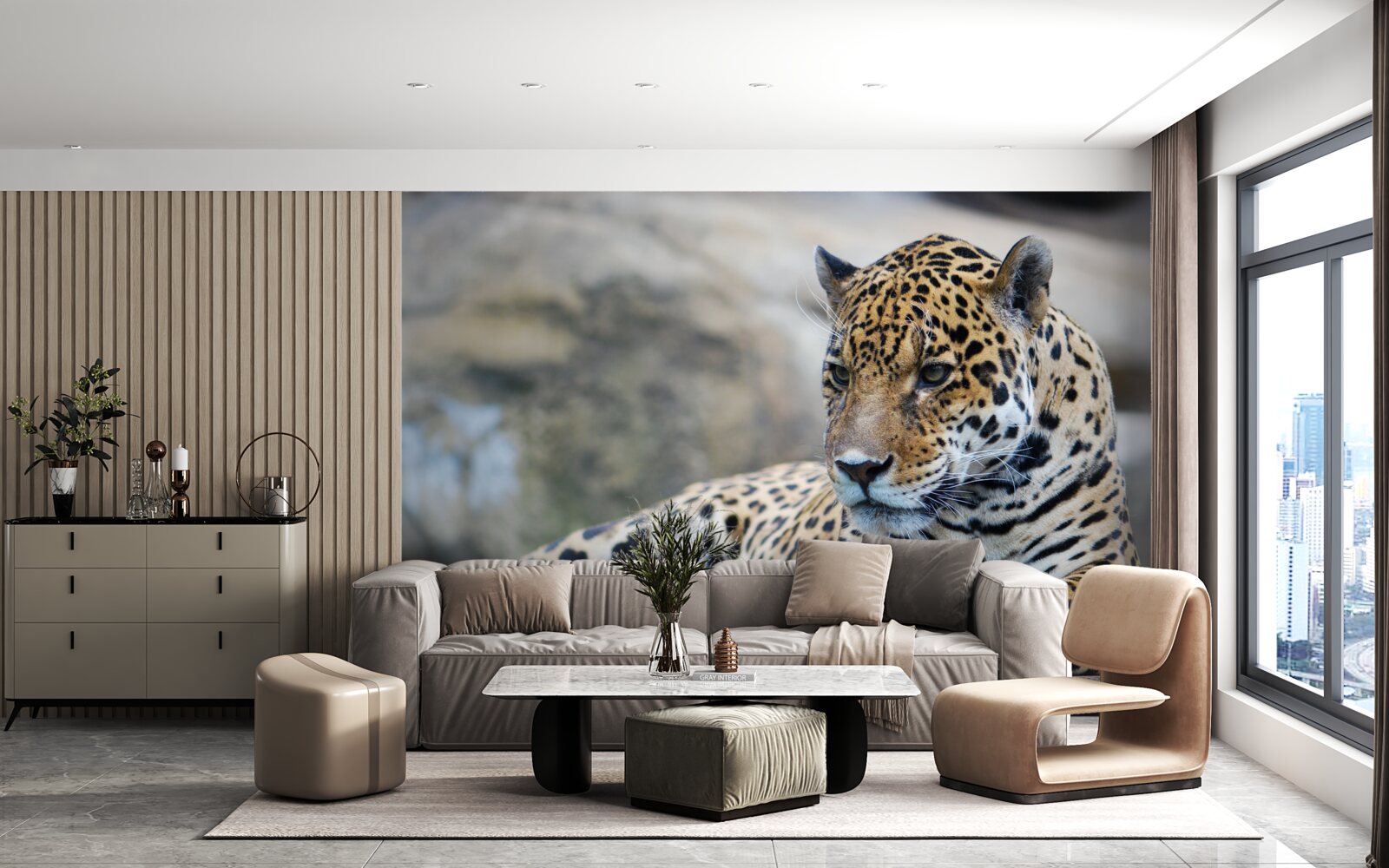 Fototapet leopardul se relaxează pe suprafețe de lemn