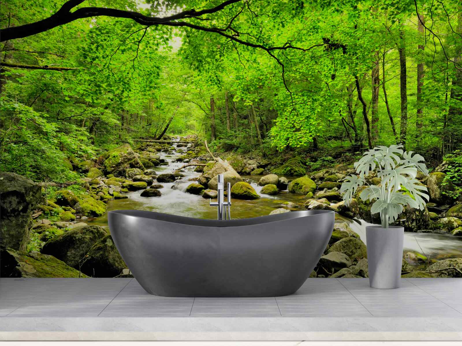 Fototapet un pârâu liniștit printr-un tufiș de pădure