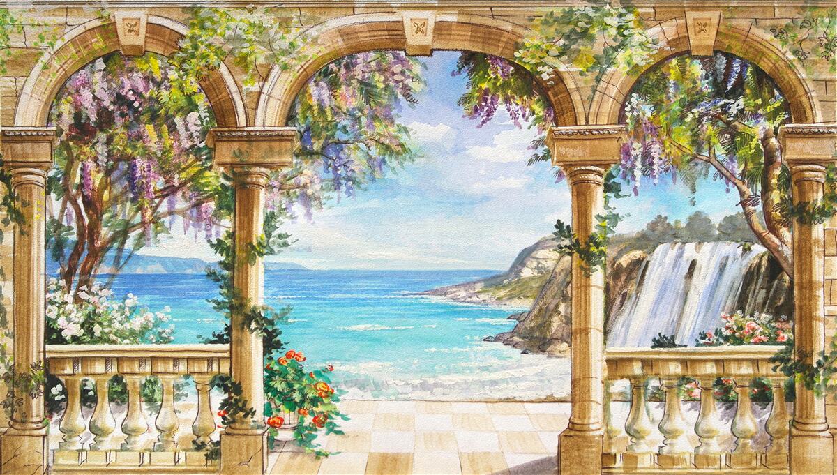 Fototapet boltă de piatră care duce la cascadă și suprafață de apă