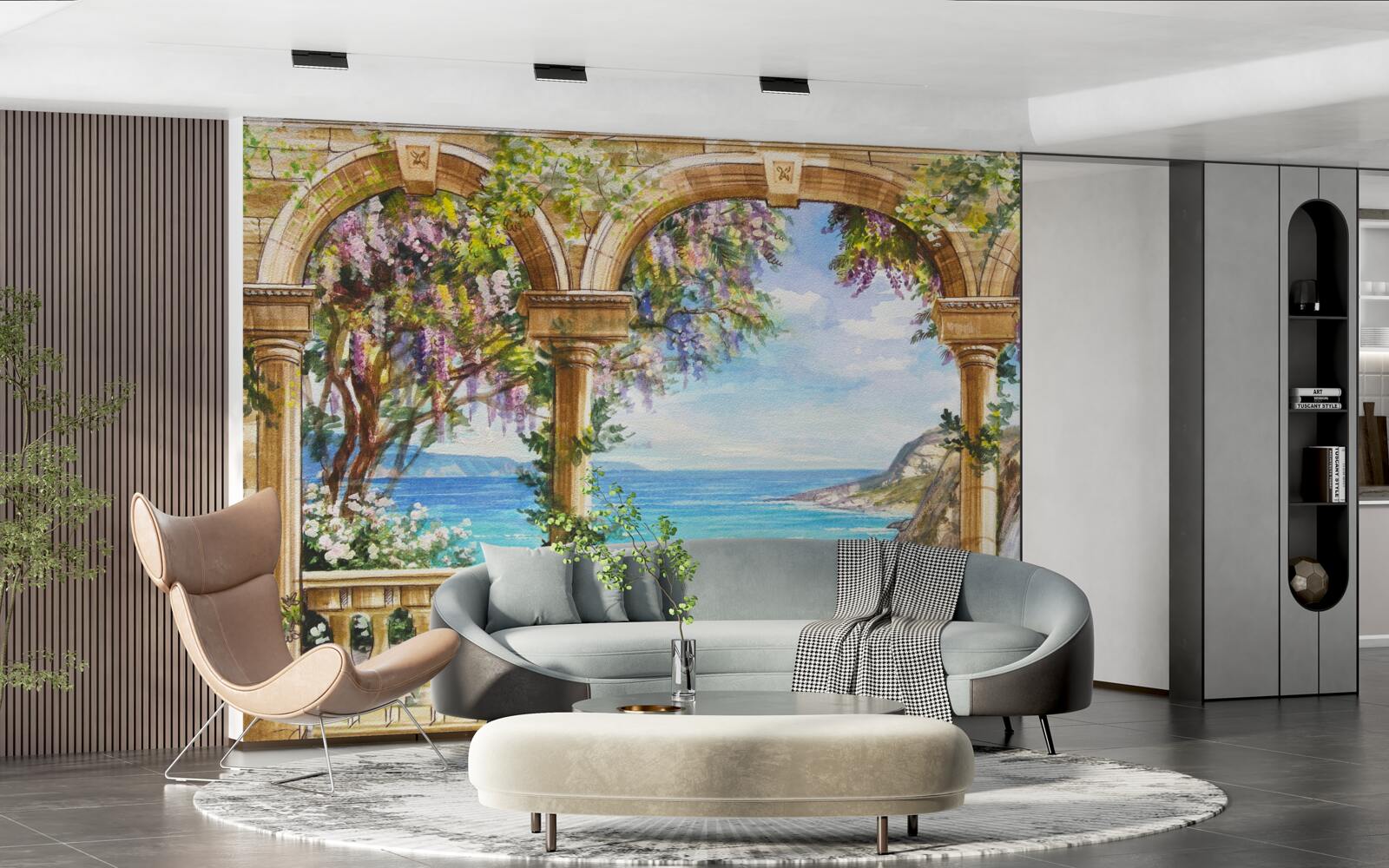 Fototapet boltă de piatră care duce la cascadă și suprafață de apă