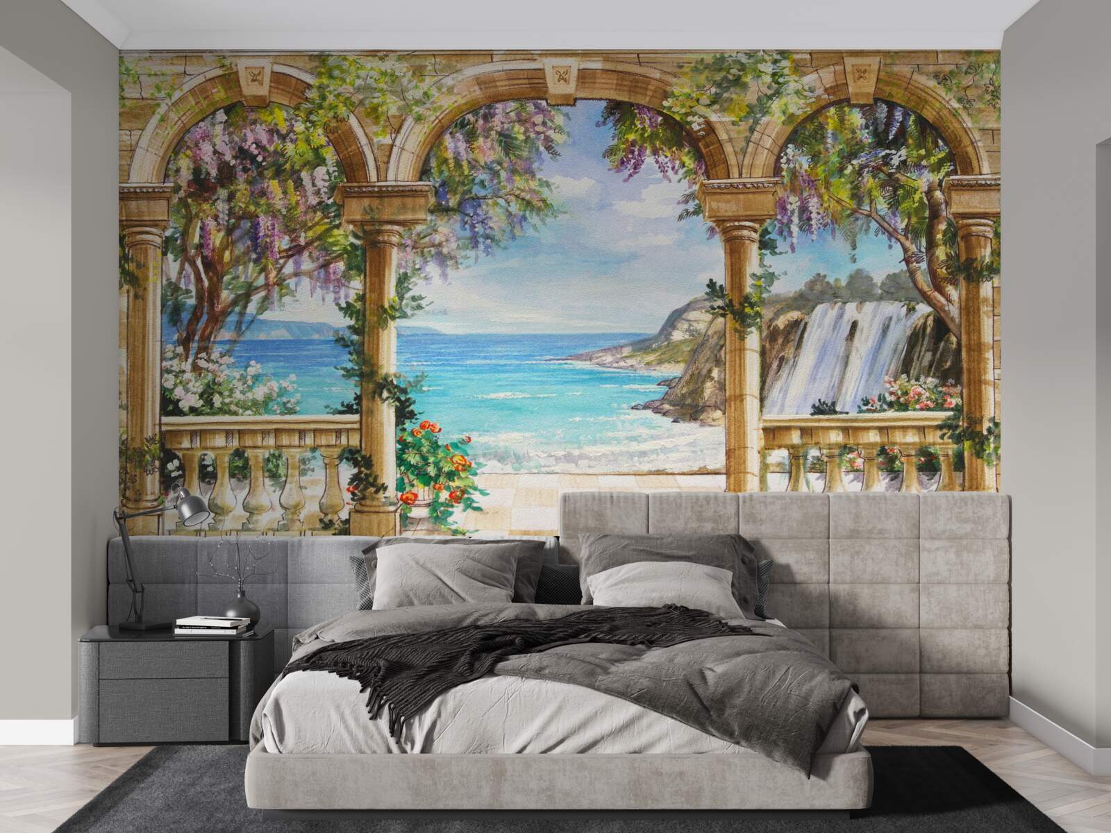 Fototapet boltă de piatră care duce la cascadă și suprafață de apă