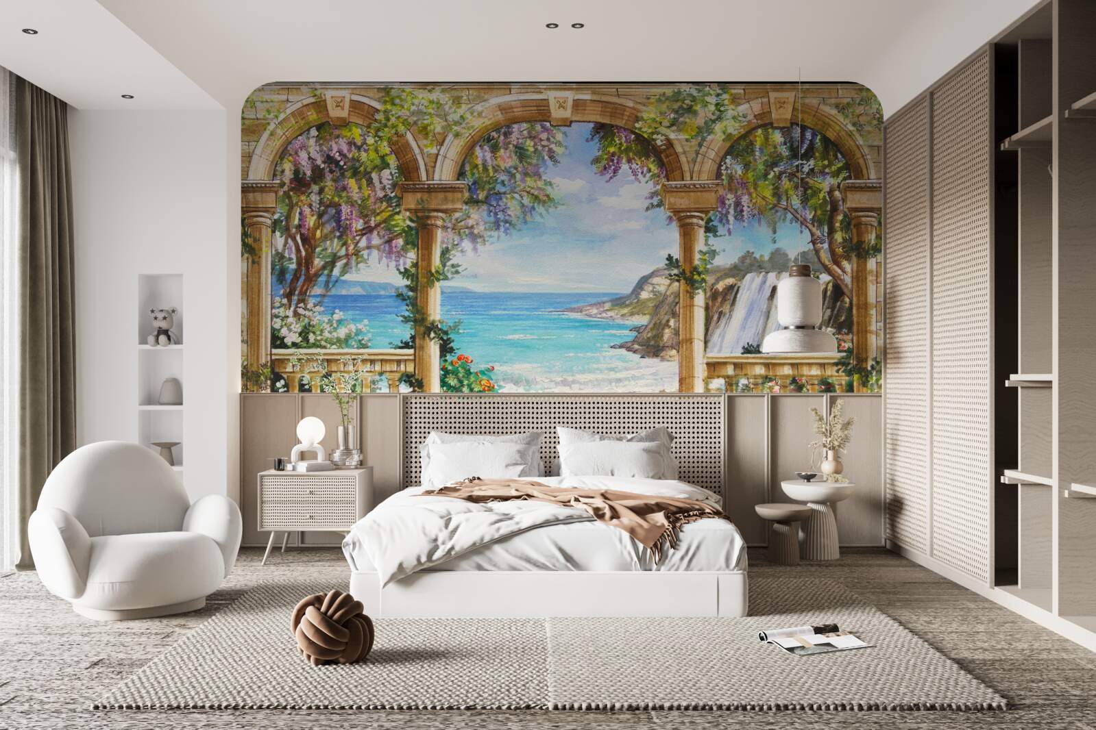 Fototapet boltă de piatră care duce la cascadă și suprafață de apă