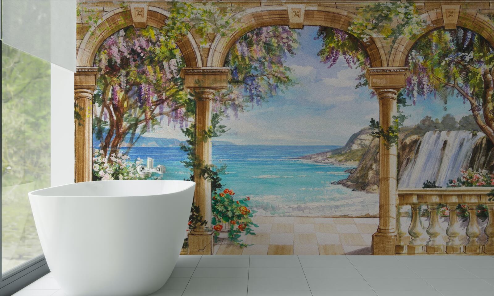 Fototapet boltă de piatră care duce la cascadă și suprafață de apă