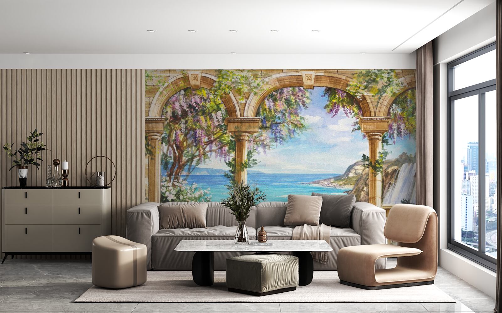 Fototapet boltă de piatră care duce la cascadă și suprafață de apă