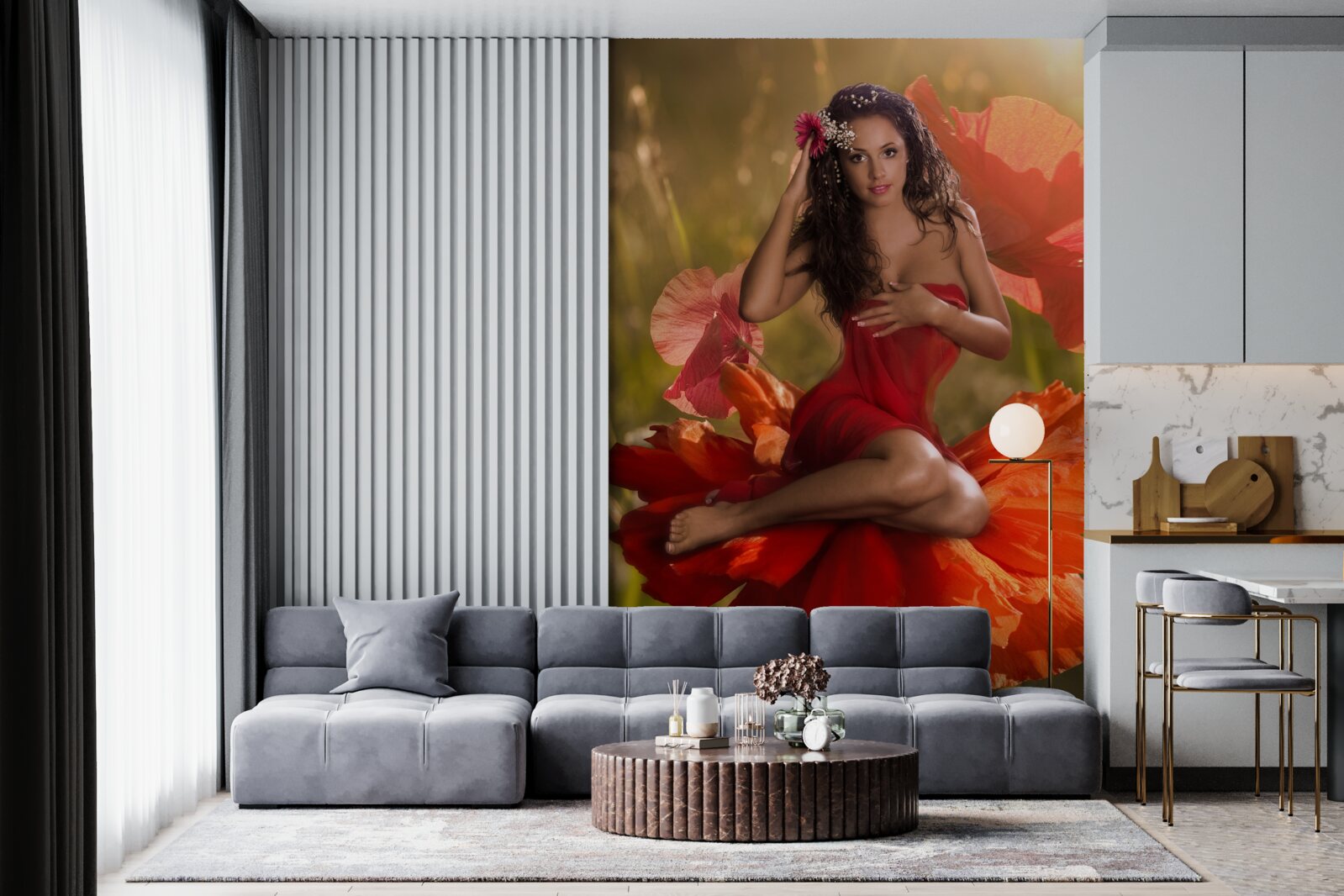 Fototapet fată pe o floare de mac stacojiu