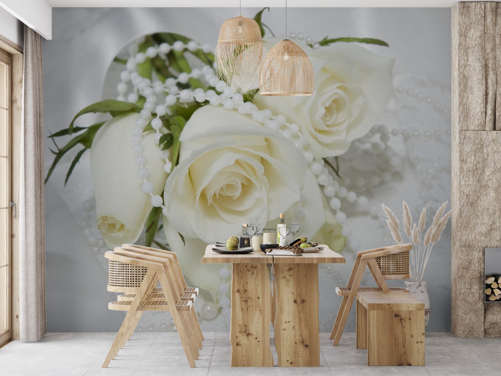 Fototapet compoziție de trandafiri albi cu mărgele de perle