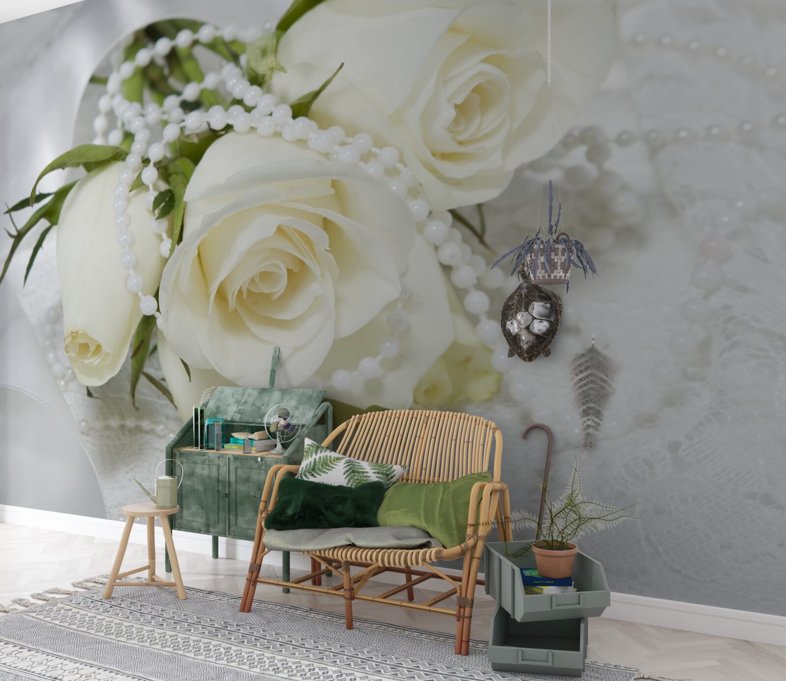 Fototapet compoziție de trandafiri albi cu mărgele de perle