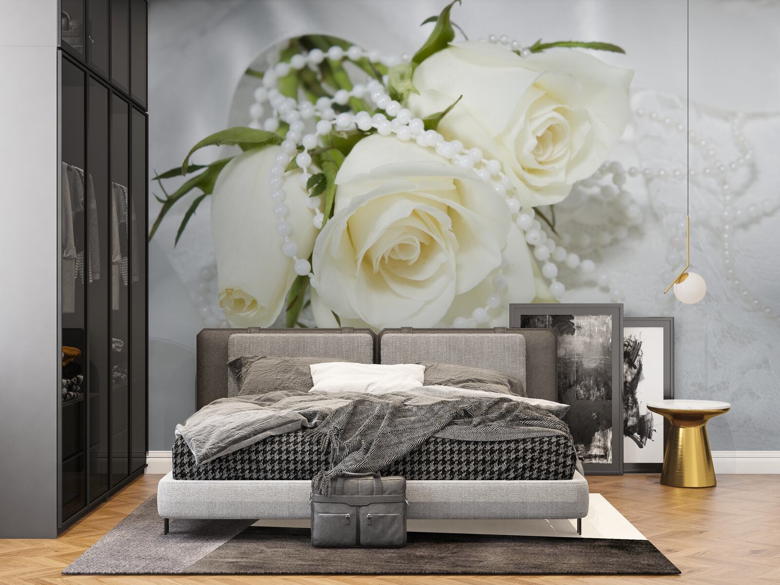 Fototapet compoziție de trandafiri albi cu mărgele de perle