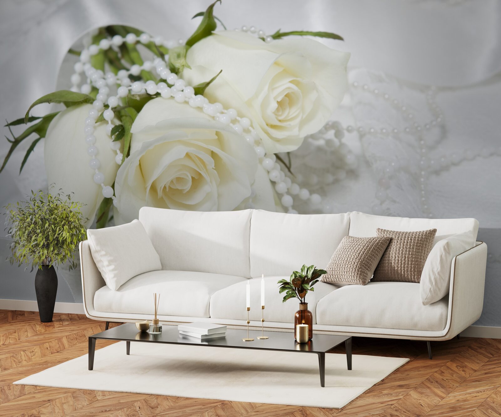 Fototapet compoziție de trandafiri albi cu mărgele de perle